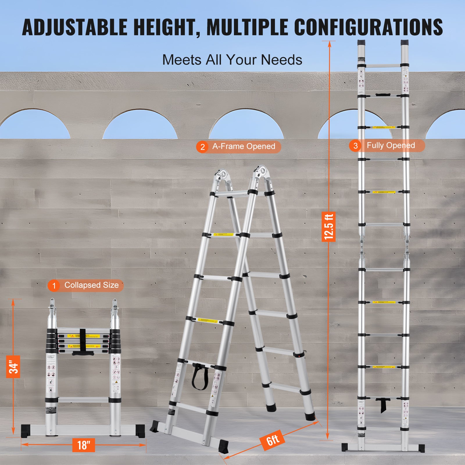 12.5FT Telescoping A‑Frame Ladder with Stabilizer Bar — 375 lb Capacity, Aluminum, Silver