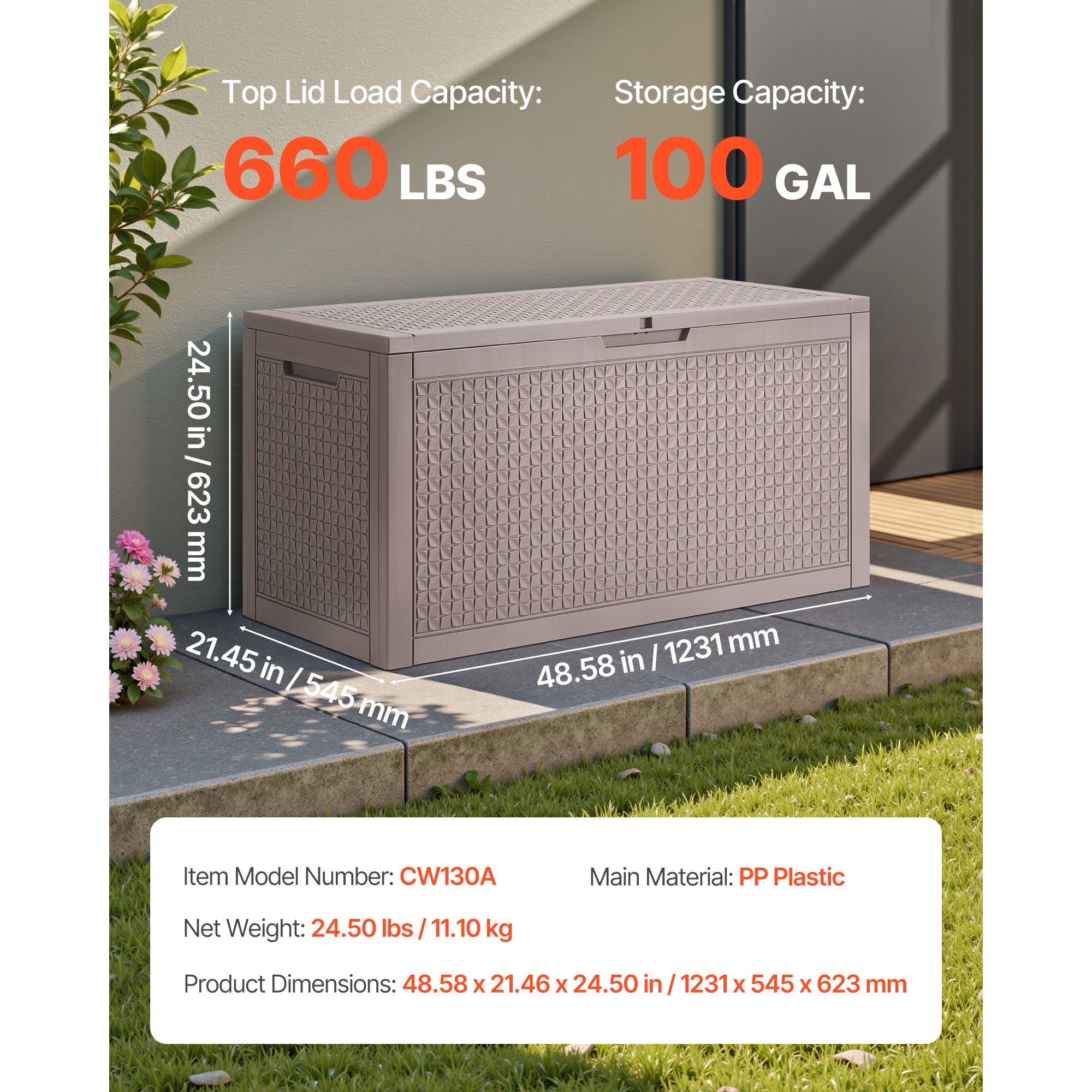 Outdoor Storage Box, 100 Gallon Resin Deck Box, Backyard Outside Toy and Towel Storage Cabinet Waterproof, for Patio Furniture Cushions, Garden Tools, Pool Supplies & Package Delivery (Grey)