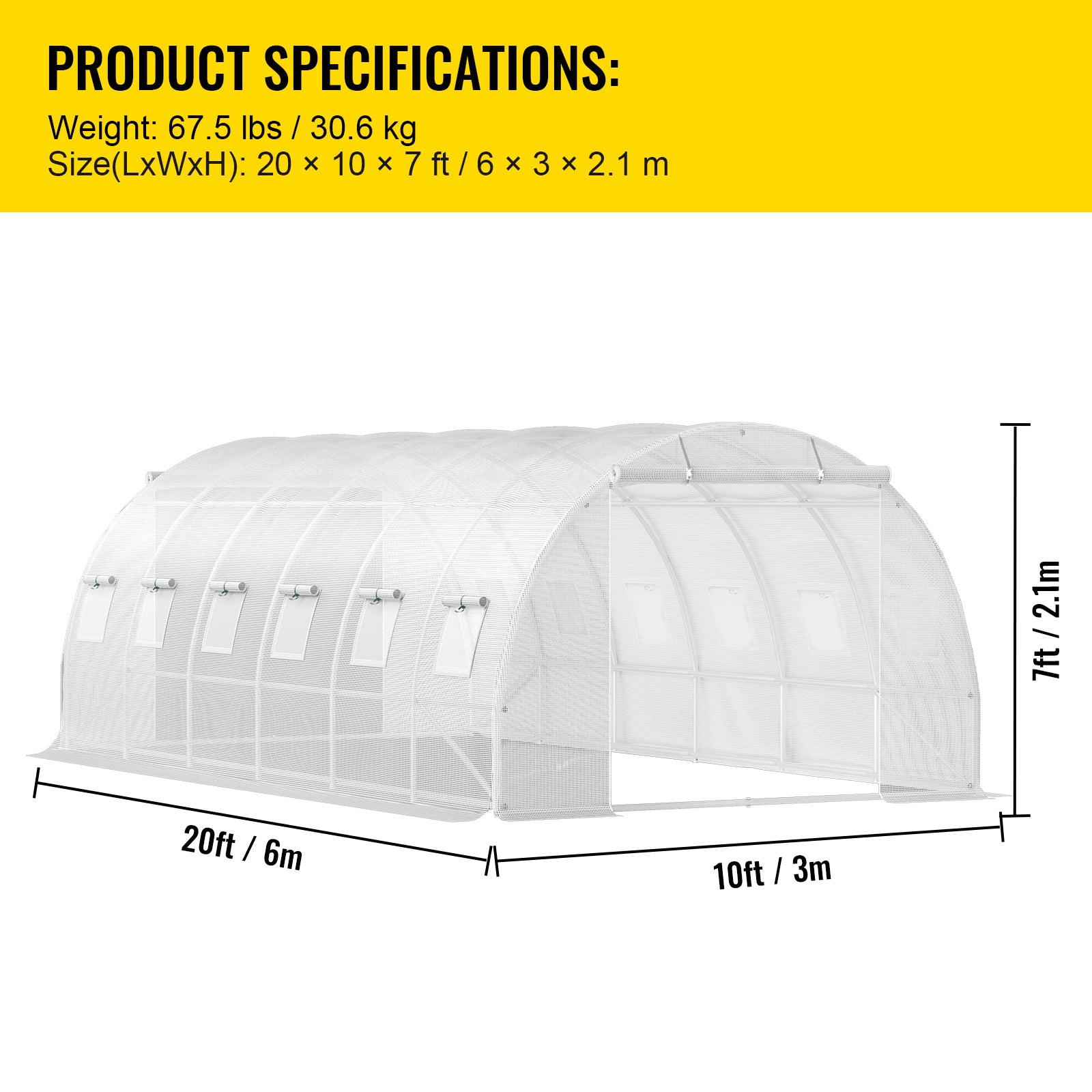 20ft x 10ft x 7ft Walk‑In Tunnel Greenhouse — Galvanized Steel Frame Roll‑Up Windows & Zippered Doors White