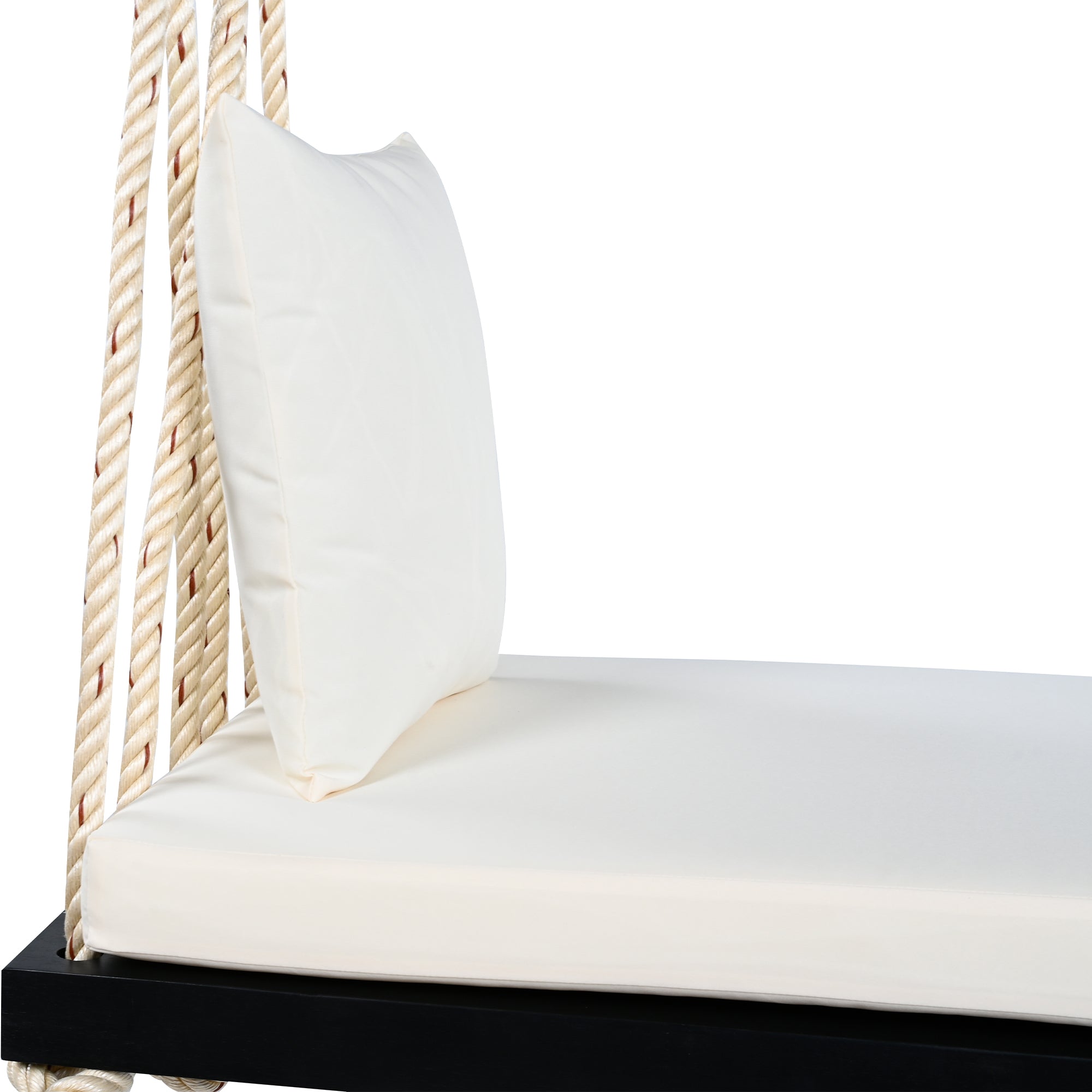 TOPMAX Patio Wooden Swing Chair, Hanging Porch Swing Bench with Cushion&Pillows, 10.8Ft Hemp Ropes for Garden,Backyard, Lawn,Black