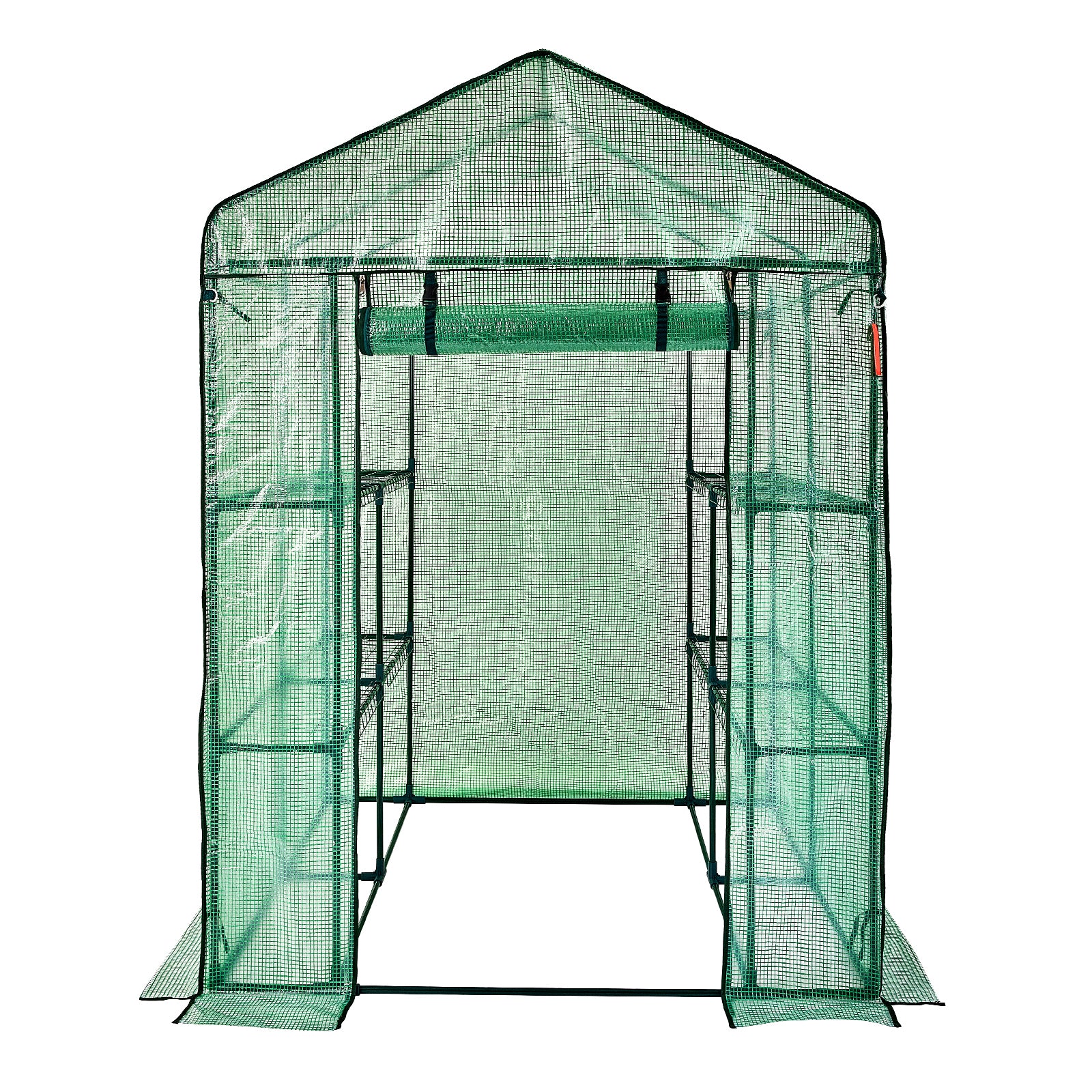 4.6ft x 4.6ft x 6.6ft Walk‑In Greenhouse with 4 Shelves — High‑Strength PE Cover Roll‑Up Door & Steel Frame Green