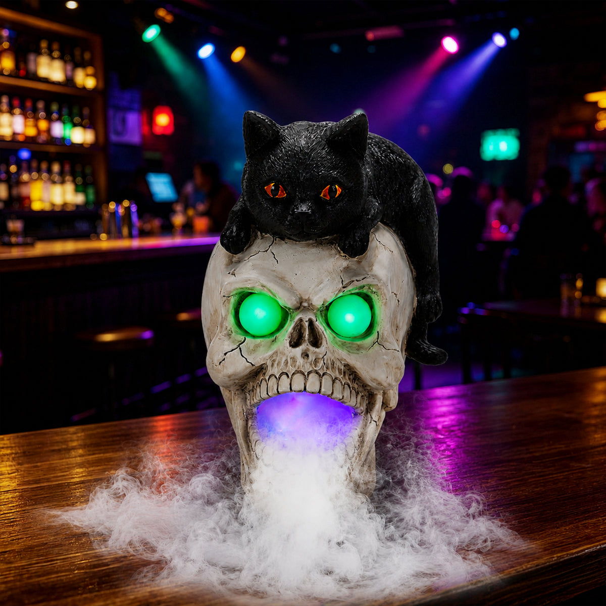 Black Cat Skull Statue with LED Lights & Mist for Halloween