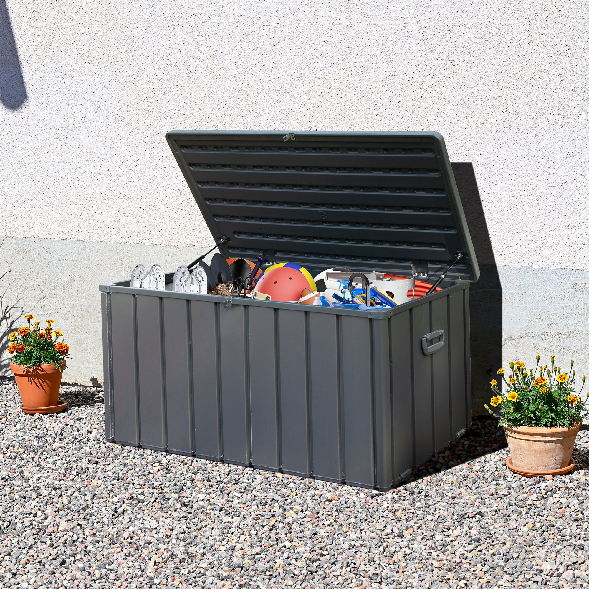 120 Gallon Outdoor Steel Deck Box with Double‑Layer Resin Lid – Tall Waterproof Patio Storage Bench, Dark Gray, 440 lb Capacity