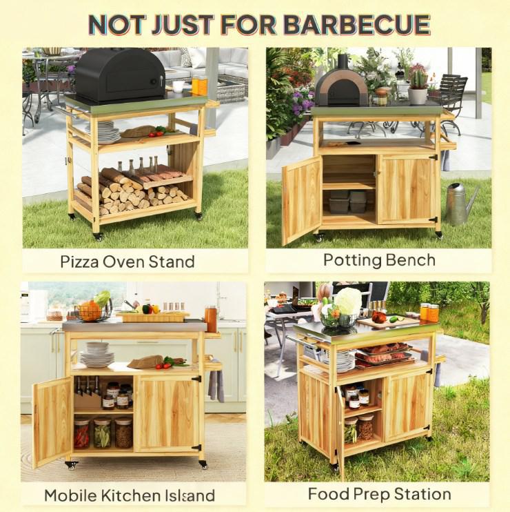 Solid Wood Outdoor Kitchen Island,Outdoor Grill Cart,with Stainless Steel Top,Wheels, Storage Cabinets