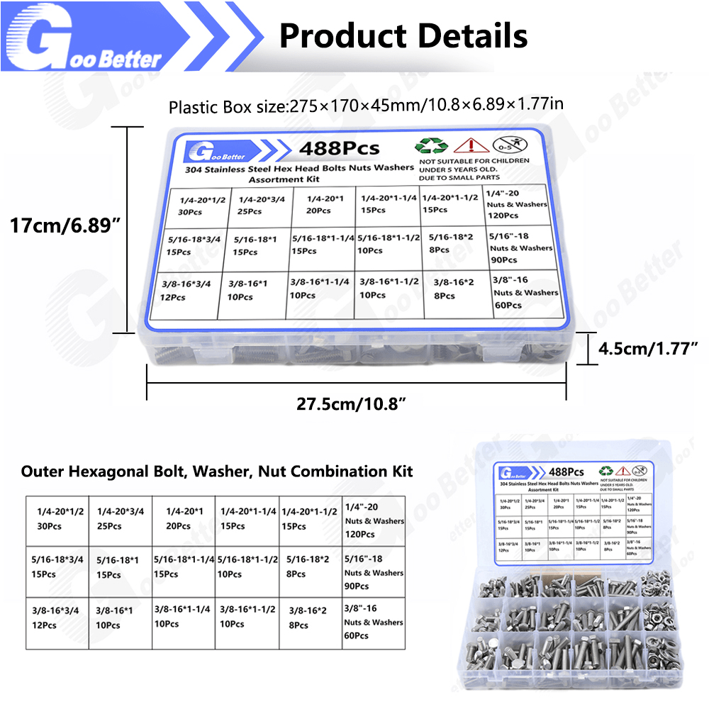 488Pcs 1/4'' - 3/8'' UNC Outer Hex Bolt, Washer, Nut Combination Kit Stainless Steel - HomeDIYer