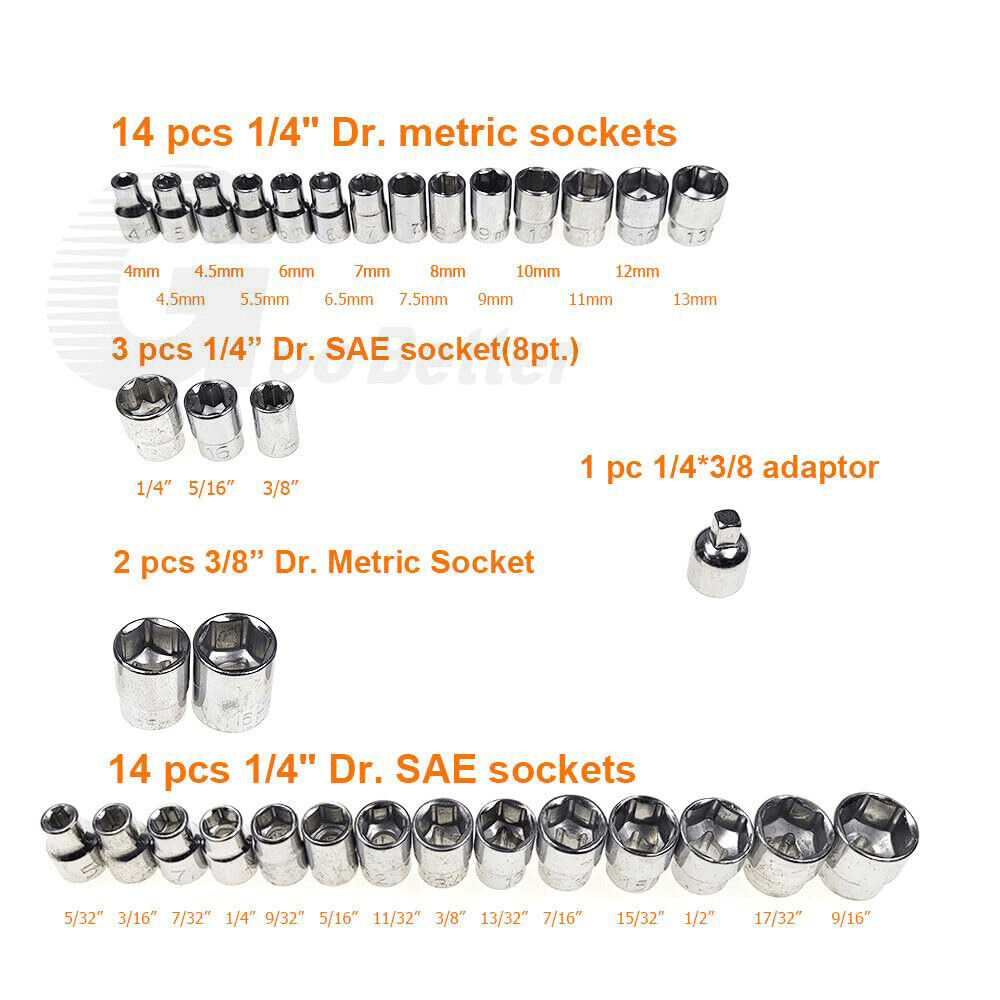 40x Professional 1/4"&3/8" Socket Wrench Tool Kit Metric Imperial Ratchet Bolts - HomeDIYer