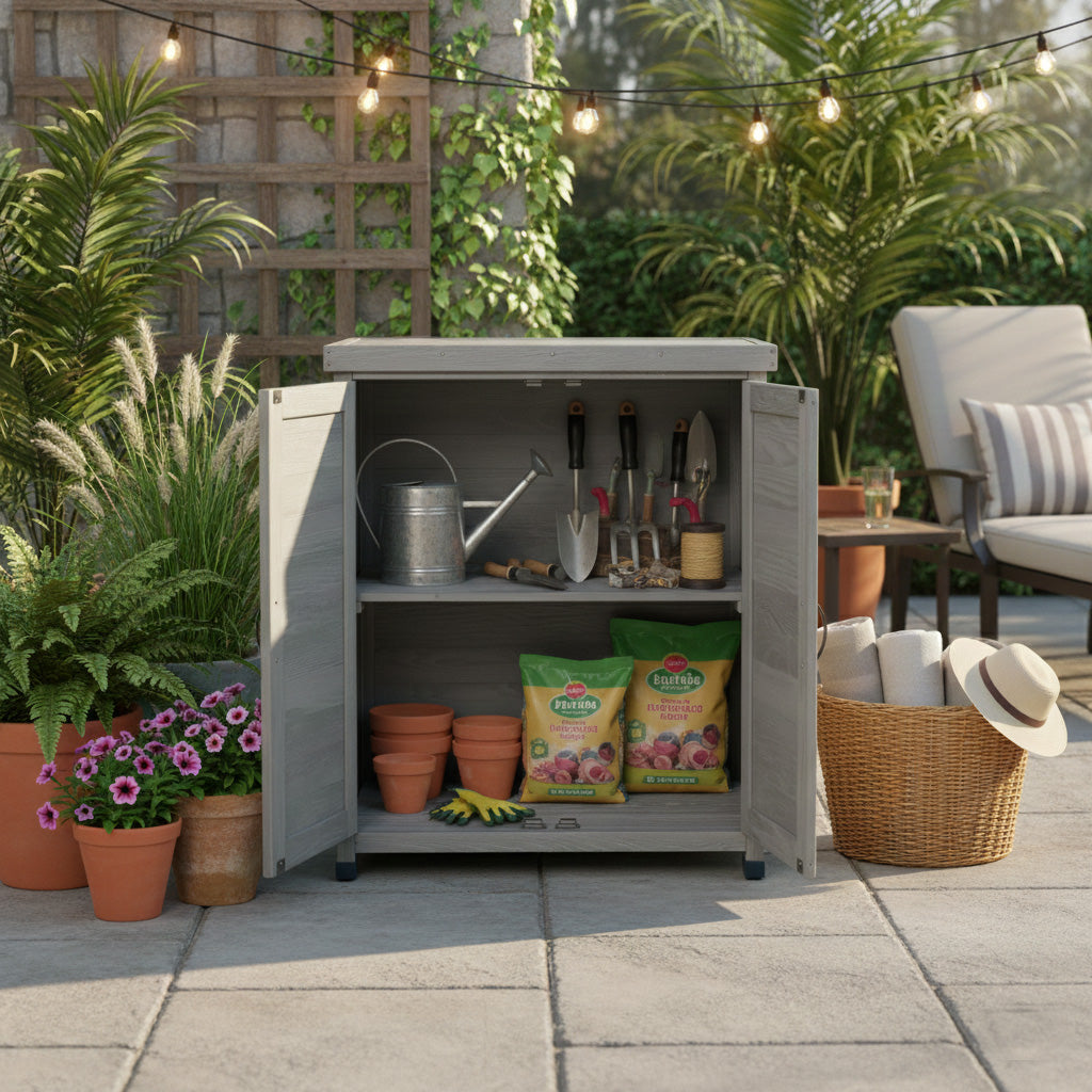 Potting Bench with Storage Cabinet – Outdoor Work Station with Metal Table Top & Zero Maintenance