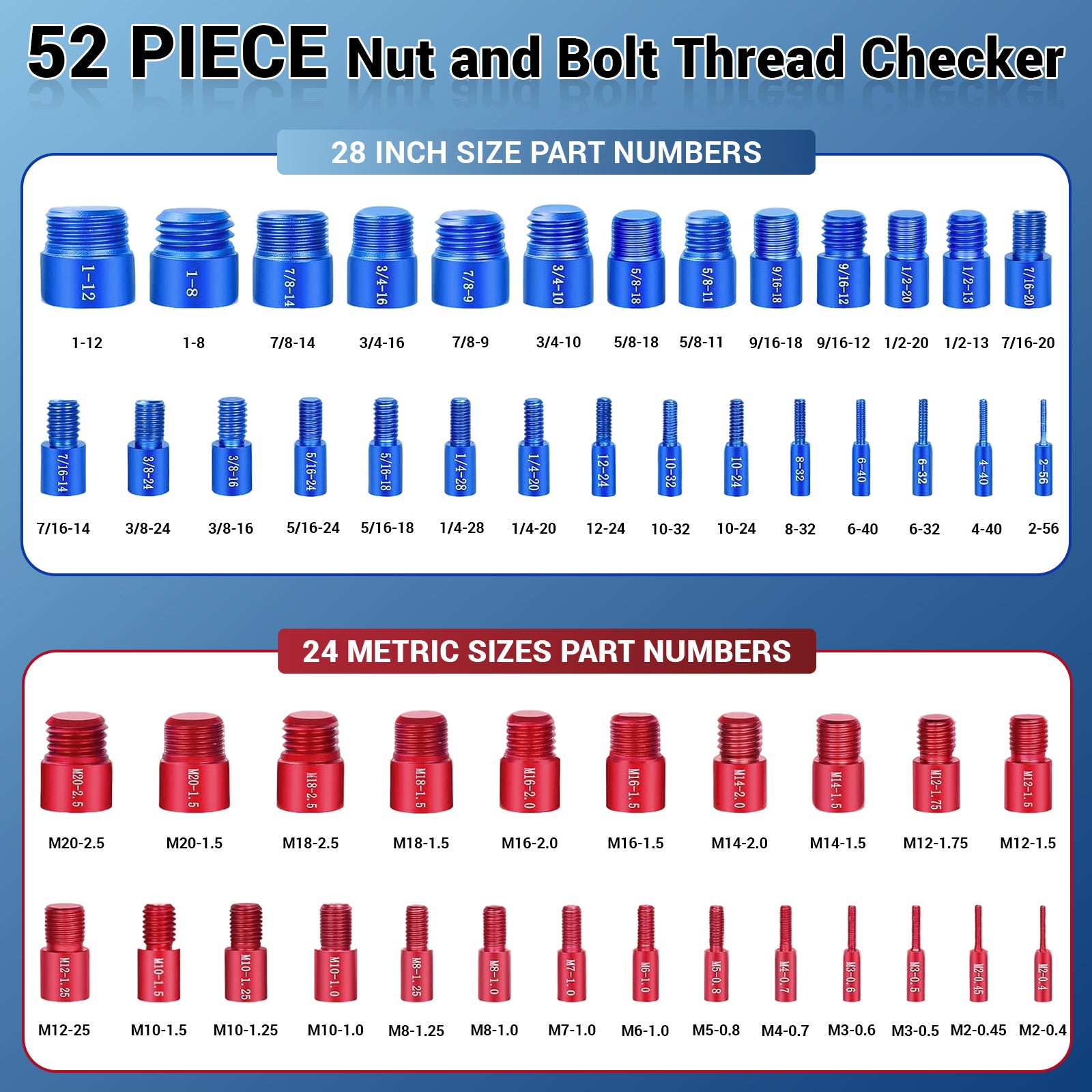 52-Piece Thread Checker Set — Standard & Metric Nut and Bolt Size Finder