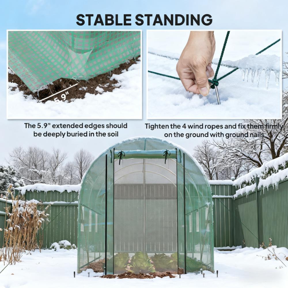 Walk‑In Tunnel Greenhouse with 2 Support Rods — Upgraded Galvanized Steel Frame Mesh Door & Windows Green
