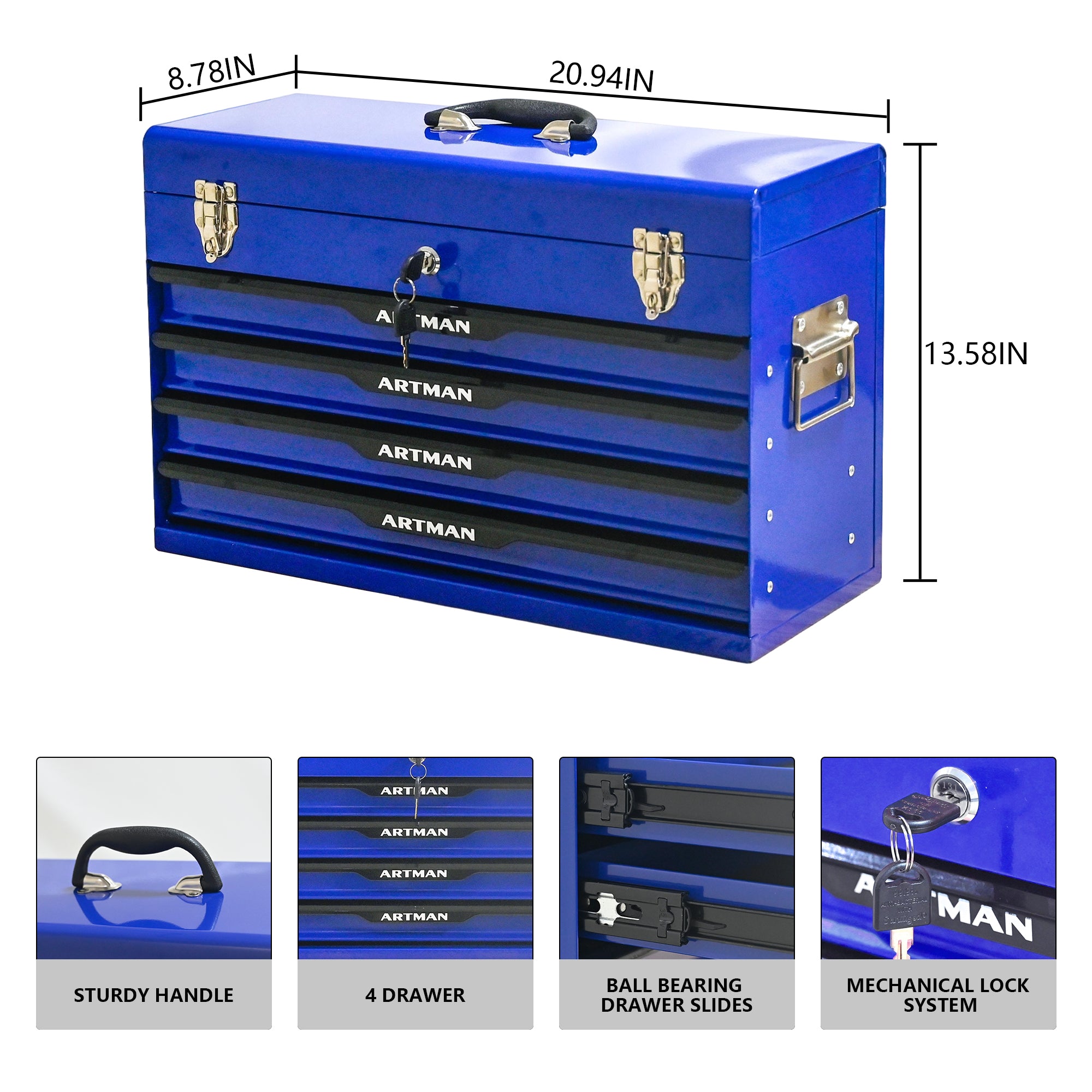 20-inch Steel Tool Box with Drawers – Blue Portable Tool Storage Organizer