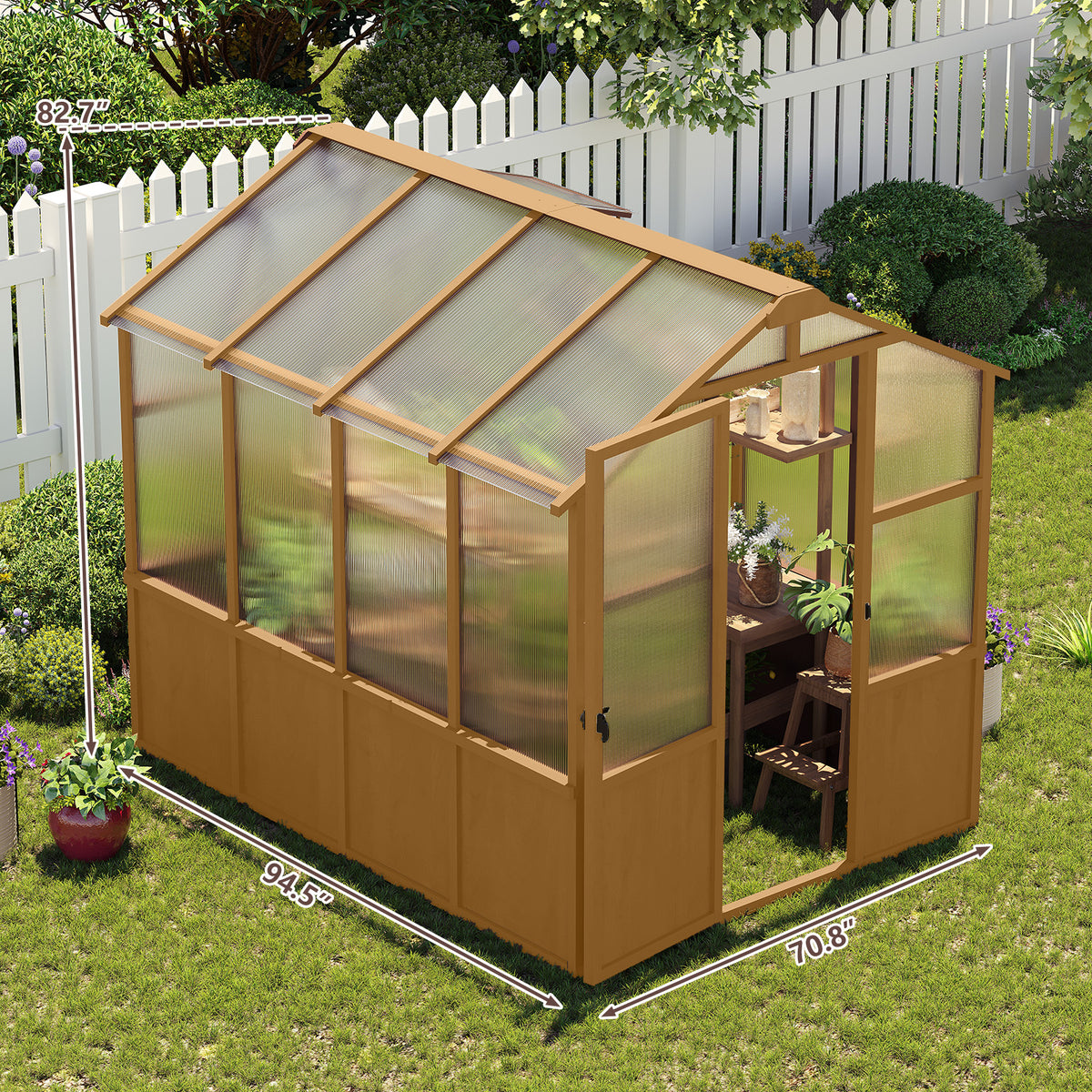 6ft x 8ft Solid Wooden Walk‑In Greenhouse — 6mm Polycarbonate Panels, Adjustable Roof Vents & Lockable Door Natural Wood