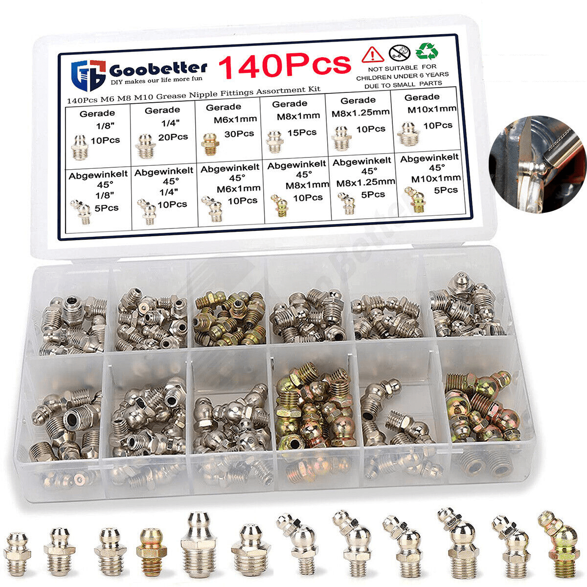 140Pcs Grease nipple assortment Tapered grease nipple 45° 1/8 1/4 M6 M8 M10 DIN71412 - HomeDIYer