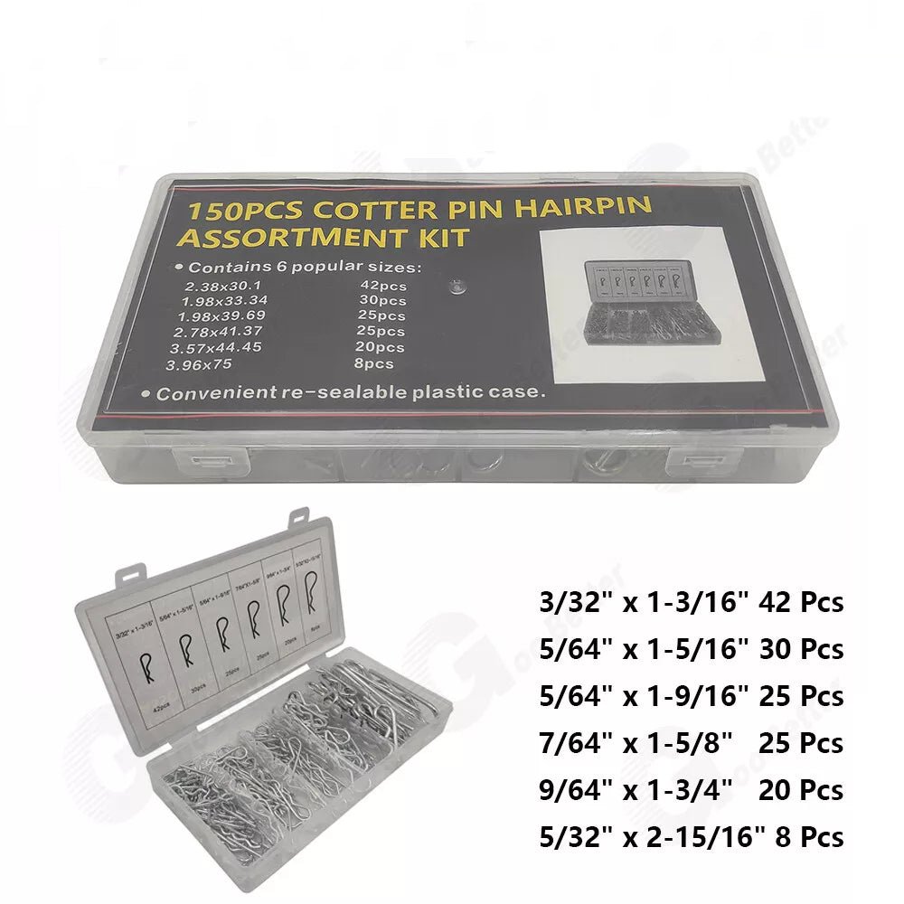 3/32'' - 5/32'' R - Shaped Cotter Pin Assortment Kit Zinc Plated Hair Pins - 150 Pcs - HomeDIYer