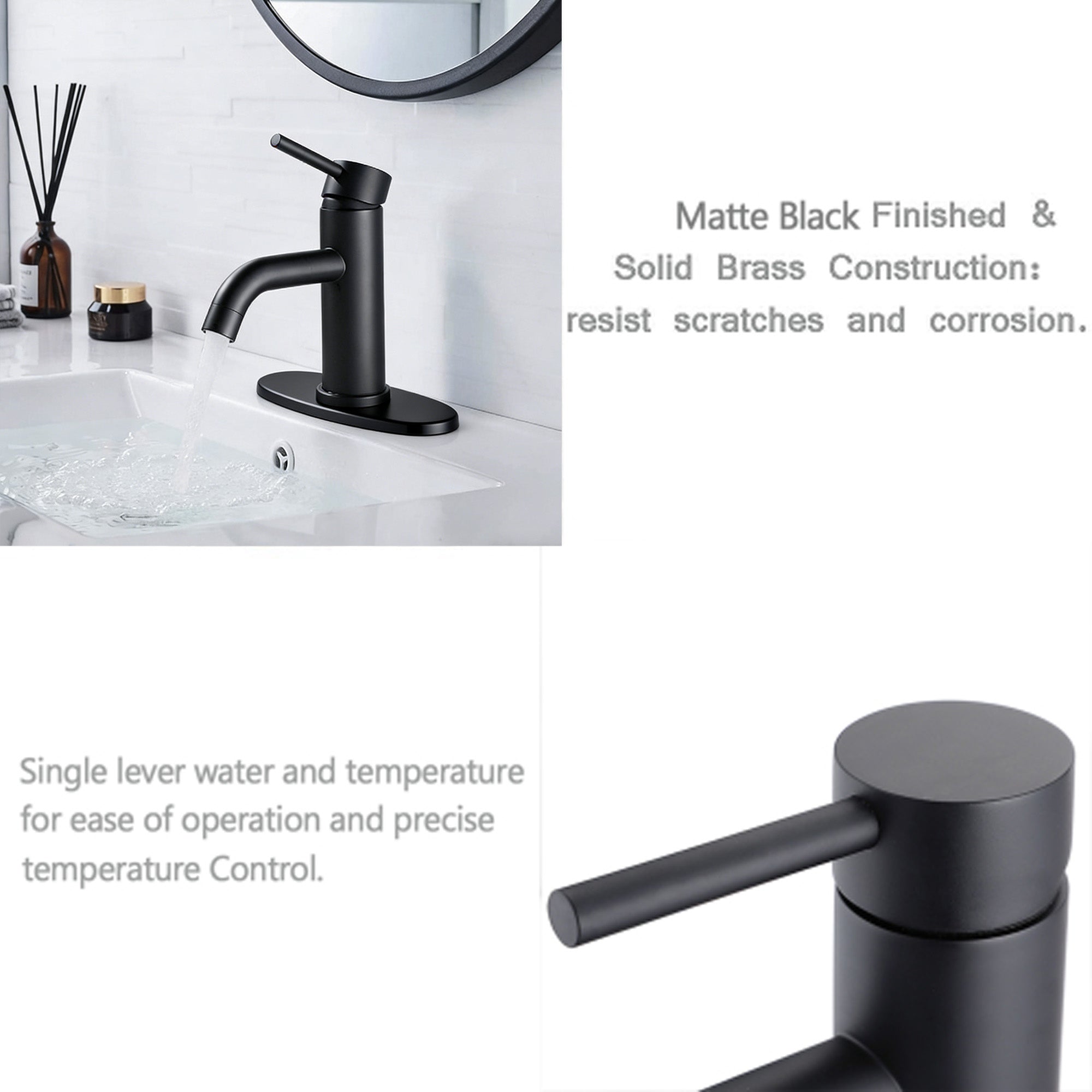 ADA Compliant Single Hole Bathroom Faucet - 6.57" High Stainless Steel Waterfall Faucet Matte Black