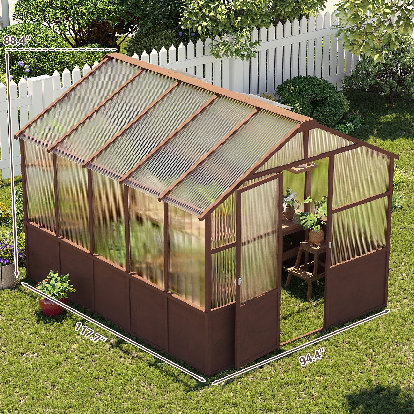 8ft x 10ft Cedar Wood Walk‑In Greenhouse — 6mm Polycarbonate Panels Adjustable Vent & Lockable Door Dark Coffee