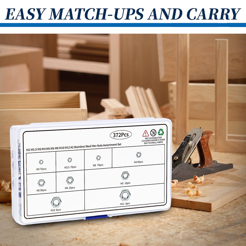 M2 M2.5 M3 M4 M5 M6 M8 - M12 372Pcs 304 Stainless Steel Metric Hex Nuts Assortment Set - HomeDIYer