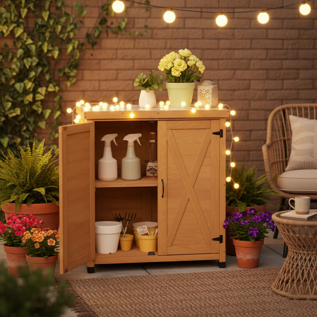 Potting Bench with Storage Cabinet and Metal Table Top for Outdoor Patio,Outdoor Work Station Table