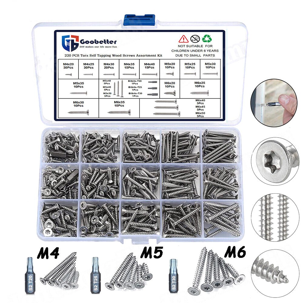 220pcs Sheet Metal Screws Stainless Steel A2 Torx Countersunk Self Tapping Set M4 M5 M6 - HomeDIYer