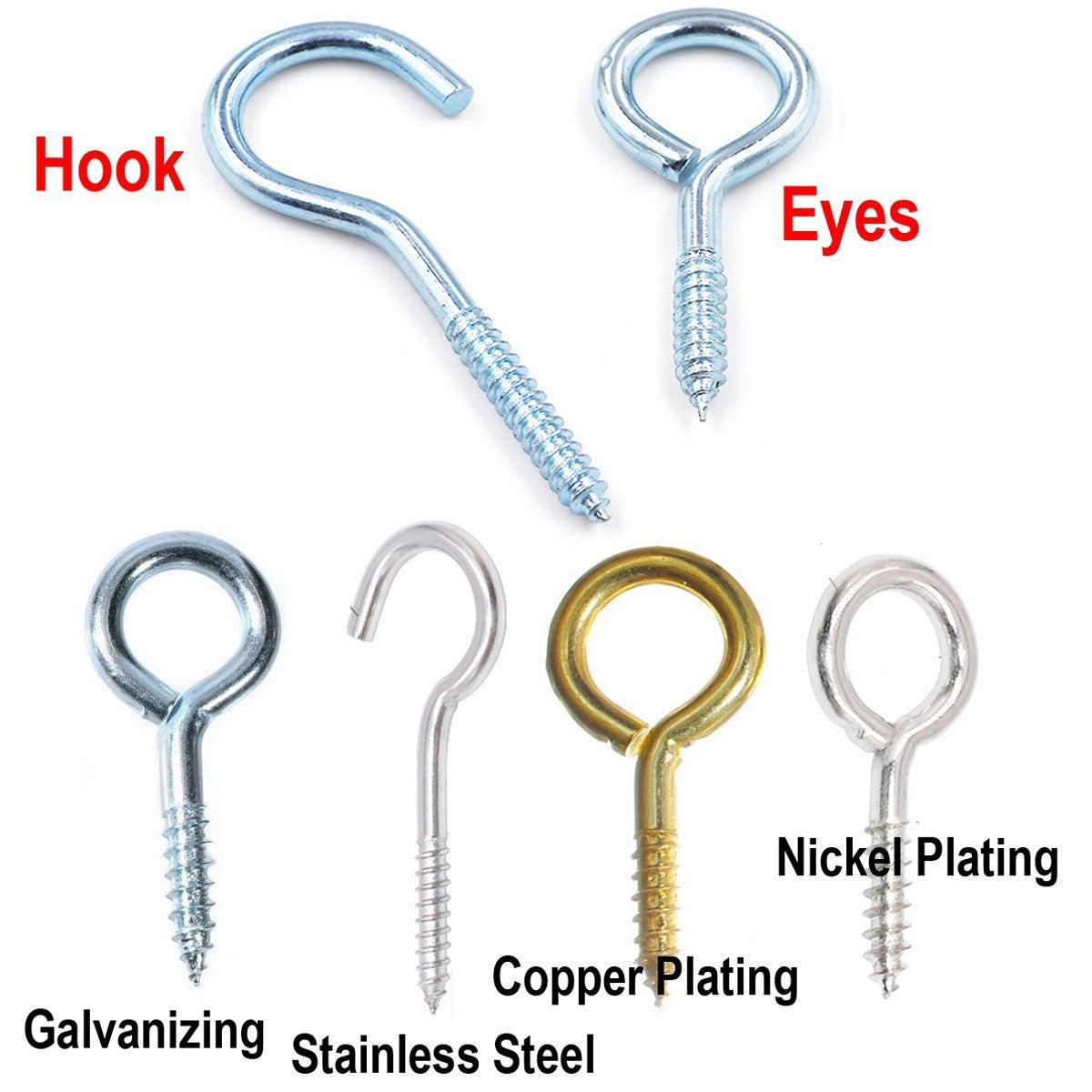 Screw-In Hooks & Eye Hooks — Galvanized, Nickel, Copper & Stainless, 1.1mm–8.6mm