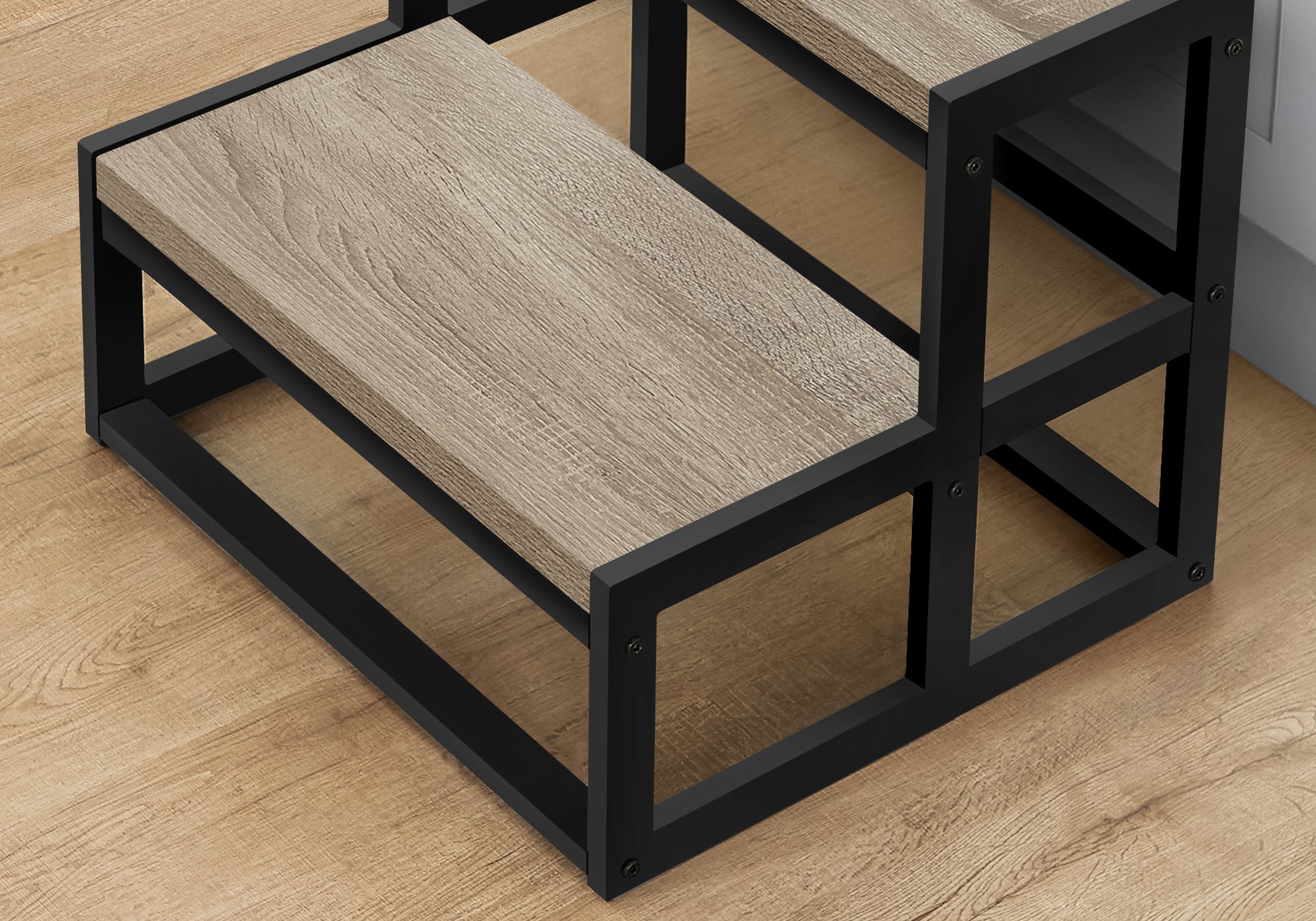 Contemporary 2‑Step Stool — Dark Taupe Laminate, Black Metal Frame, 300 lb Capacity