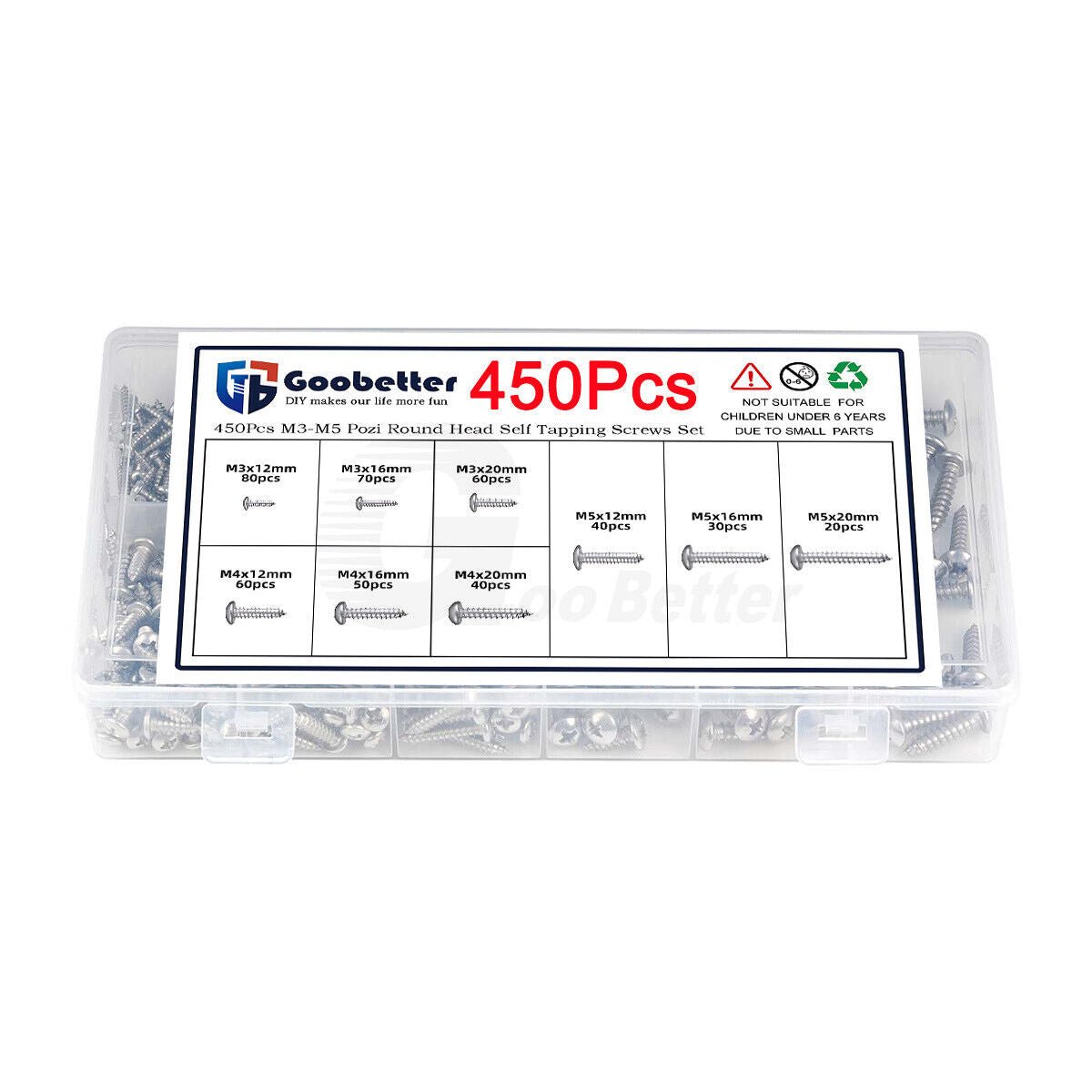 450x M3 - M5 Pan Head Self Tapping Phillips Screws Silvery A2 Stainless Steel Set - HomeDIYer