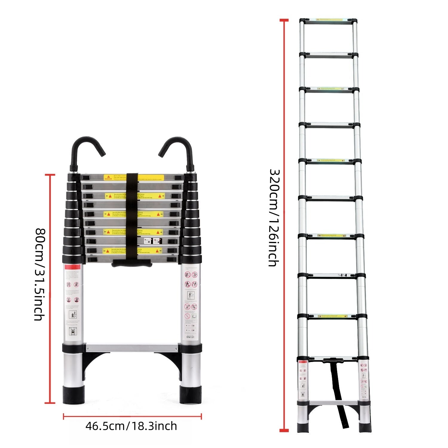 10.5FT Retractable Aluminum Ladder — Dual Locking Rungs, 330 lb Capacity, Antique Silver, Includes Hooks