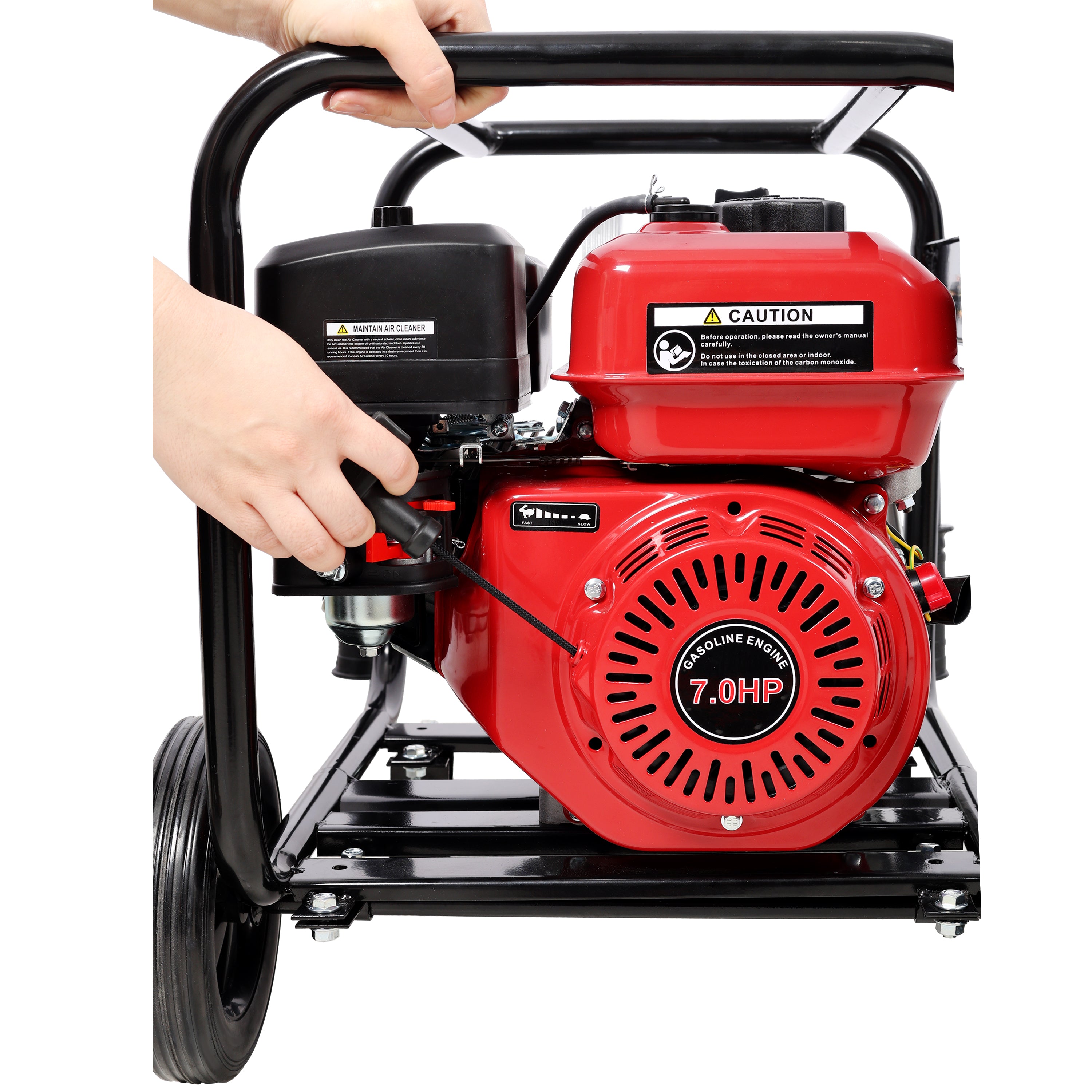 Gas Engine Powered Water Pump 3" inlet&outlet, Flow:264Gpm , 7HP Engine 212CC, EPA Certificated, 3in NPT Connector, 3in to 2in coupler 2in1, 50 ft Discharge Hose, 12 ft Suction Hose, Wheels and Handle