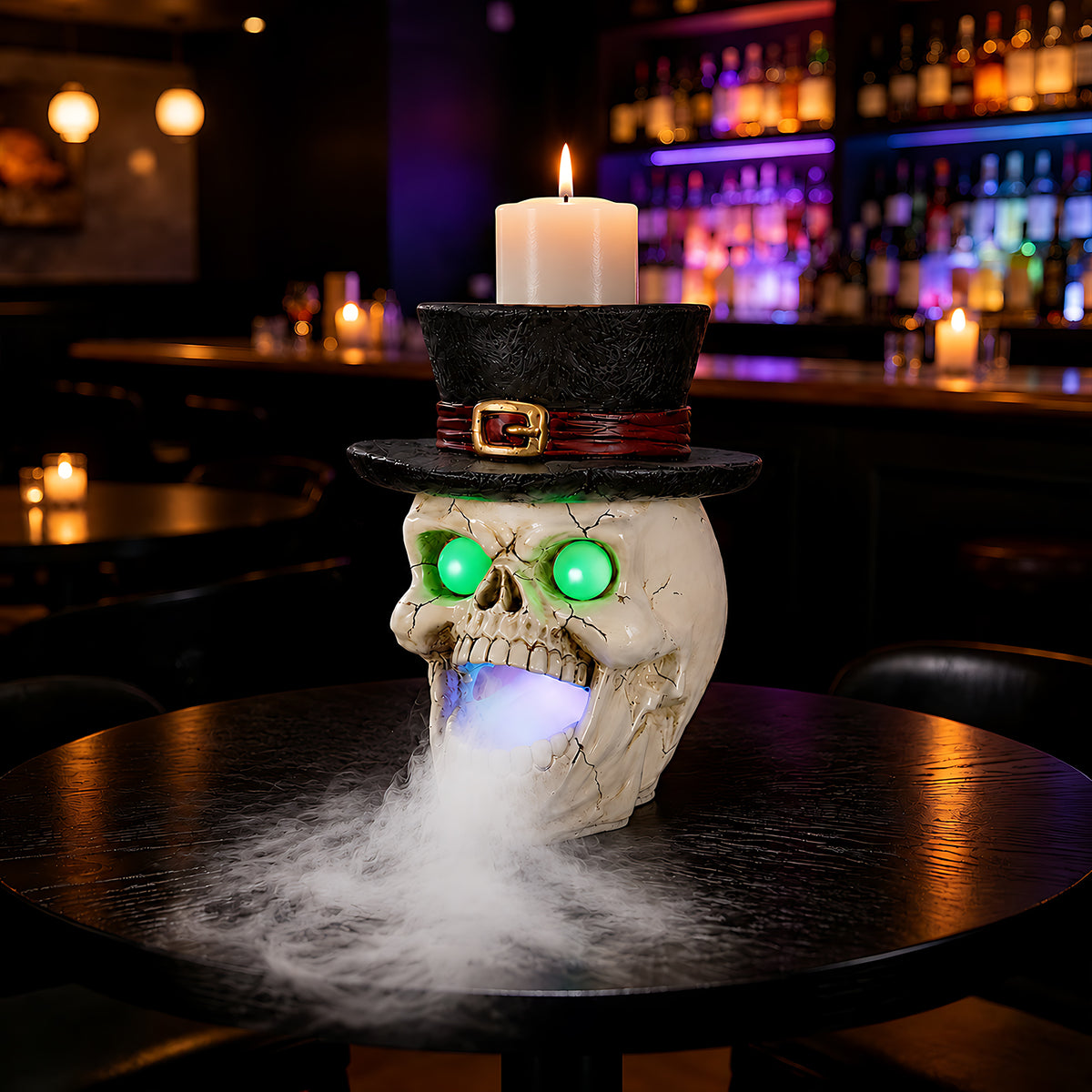LED Halloween Skull Decoration with Top Hat & Mist Maker