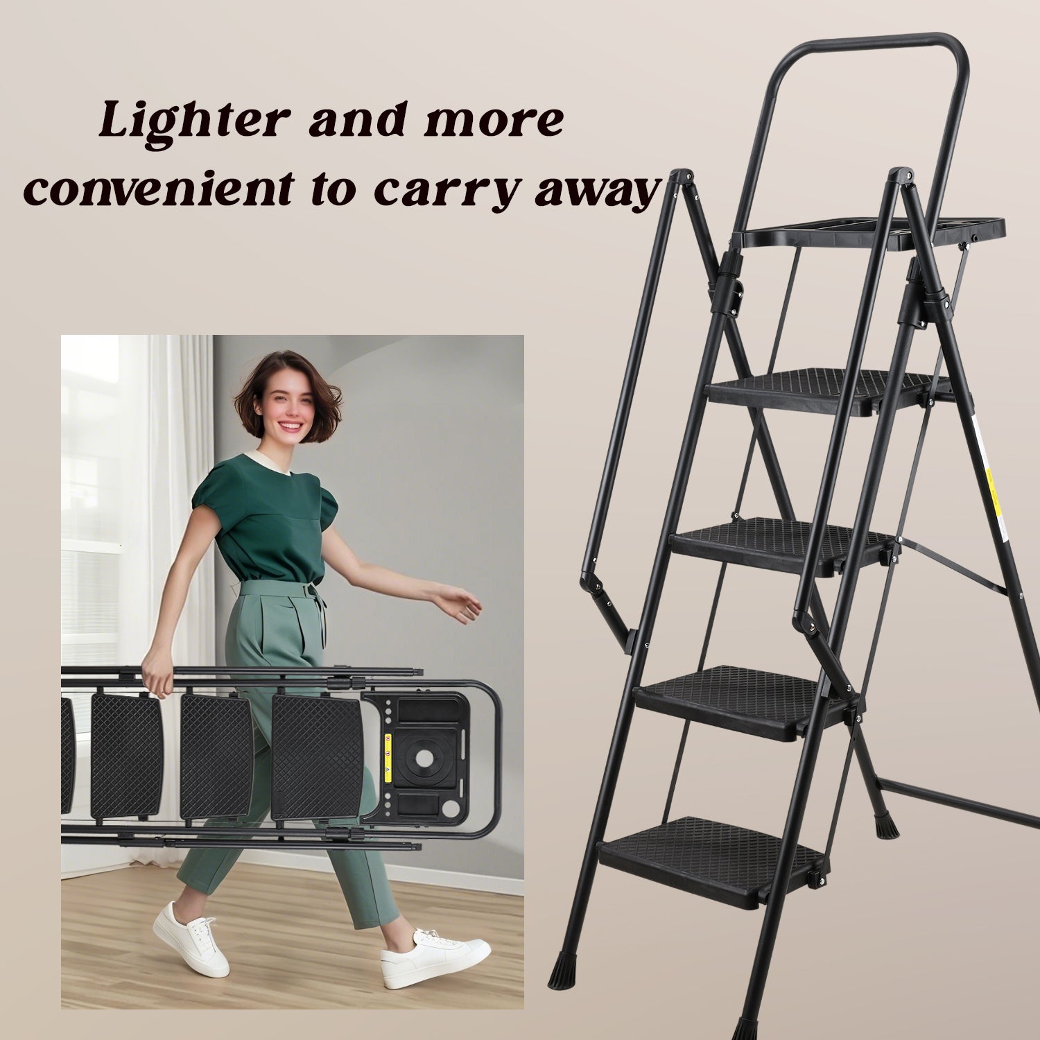 4‑Step Folding Ladder with Non‑Slip Pedals & Tool Tray — 330 lb Capacity, Black Steel, Ideal for Home & Office