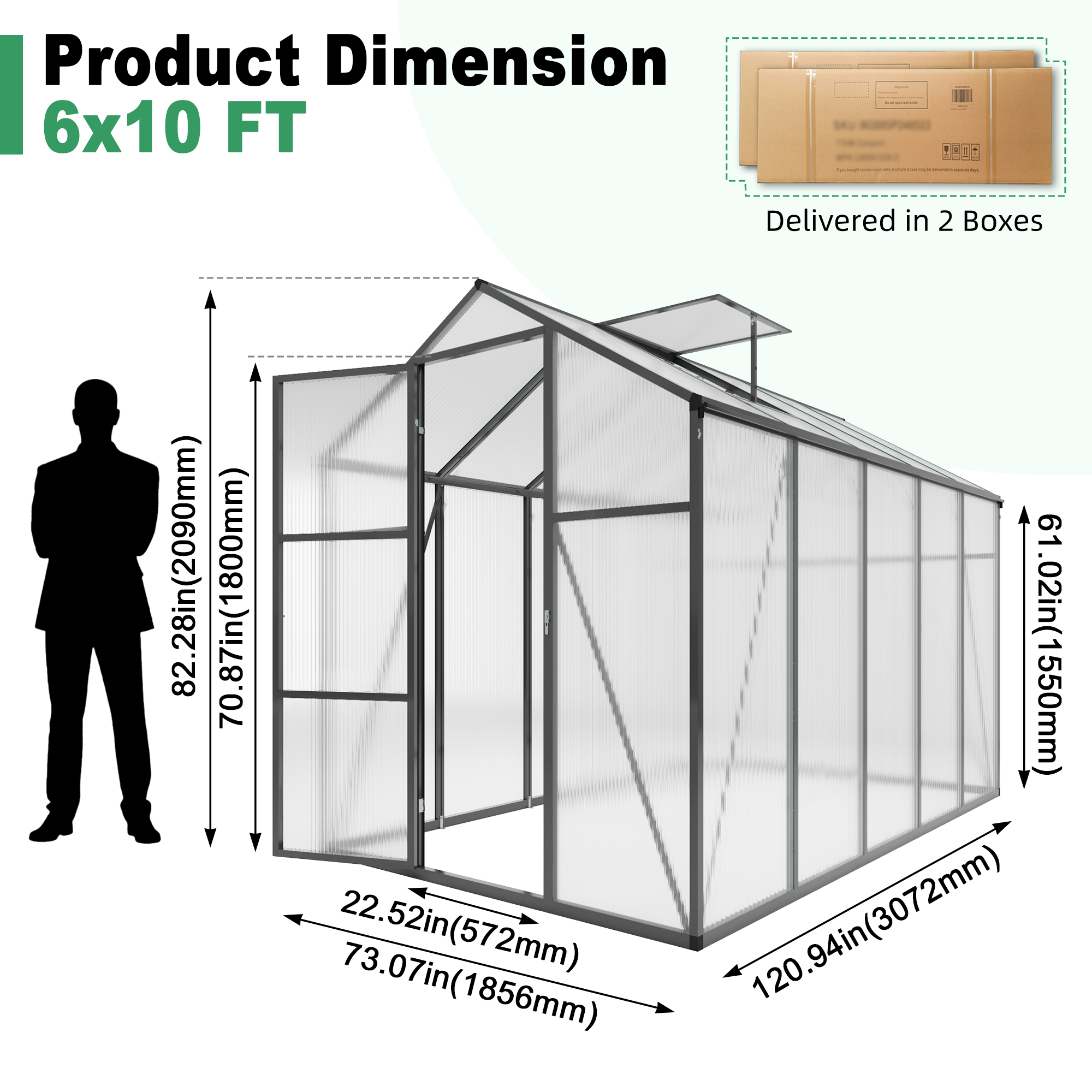 6ft x 10ft Walk‑In Polycarbonate Greenhouse — Sturdy Aluminum Frame Lockable Door Adjustable Vents & UV Protection Black