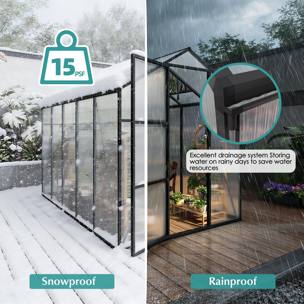 6ft x 10ft Walk‑In Polycarbonate Greenhouse — Sturdy Aluminum Frame Lockable Door Adjustable Vents & UV Protection Black