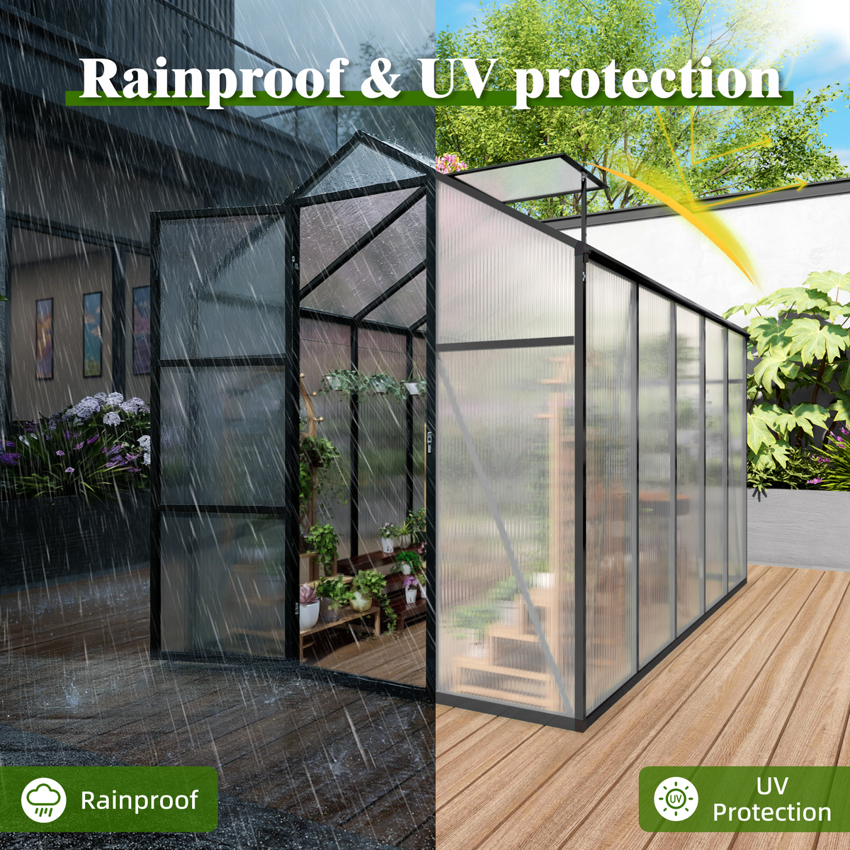 6ft x 10ft Walk‑In Polycarbonate Greenhouse — Sturdy Aluminum Frame Lockable Door Adjustable Vents & UV Protection Black