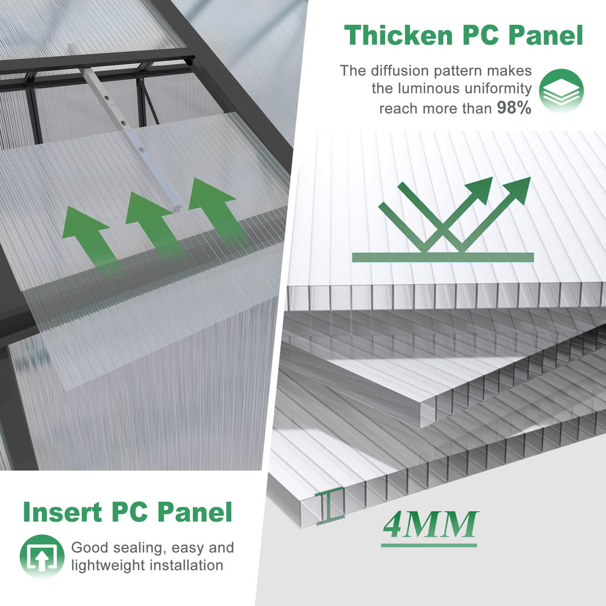 6ft x 10ft Walk‑In Polycarbonate Greenhouse — Sturdy Aluminum Frame Lockable Door Adjustable Vents & UV Protection Black