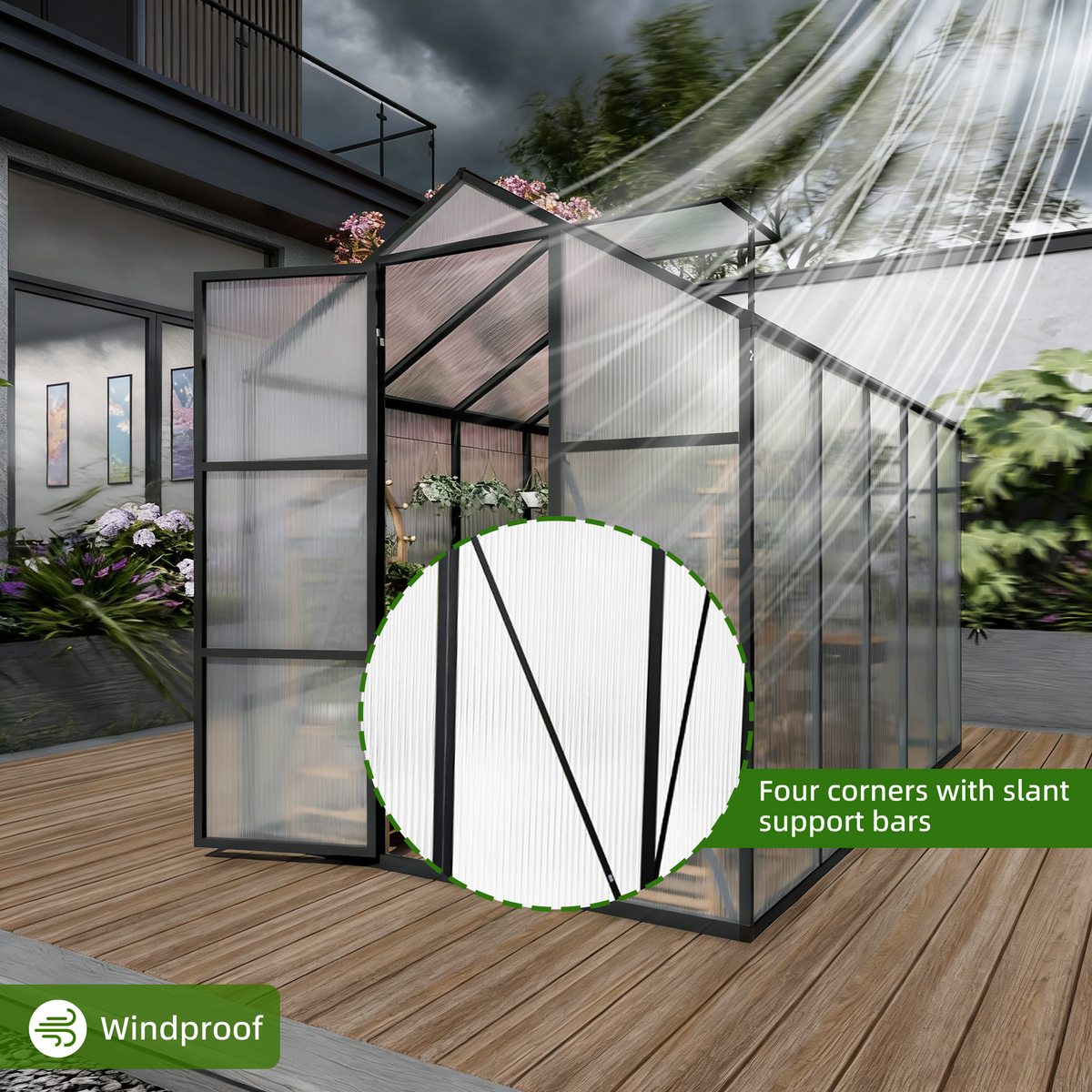 6ft x 10ft Walk‑In Polycarbonate Greenhouse — Sturdy Aluminum Frame Lockable Door Adjustable Vents & UV Protection Black