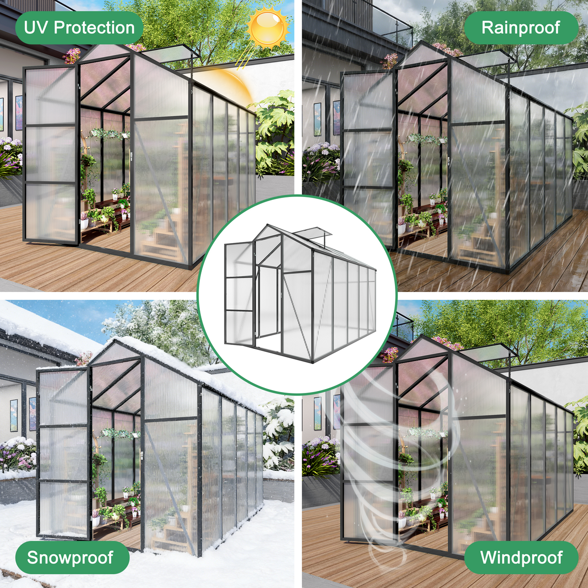6ft x 10ft Walk‑In Polycarbonate Greenhouse — Sturdy Aluminum Frame Lockable Door Adjustable Vents & UV Protection Black
