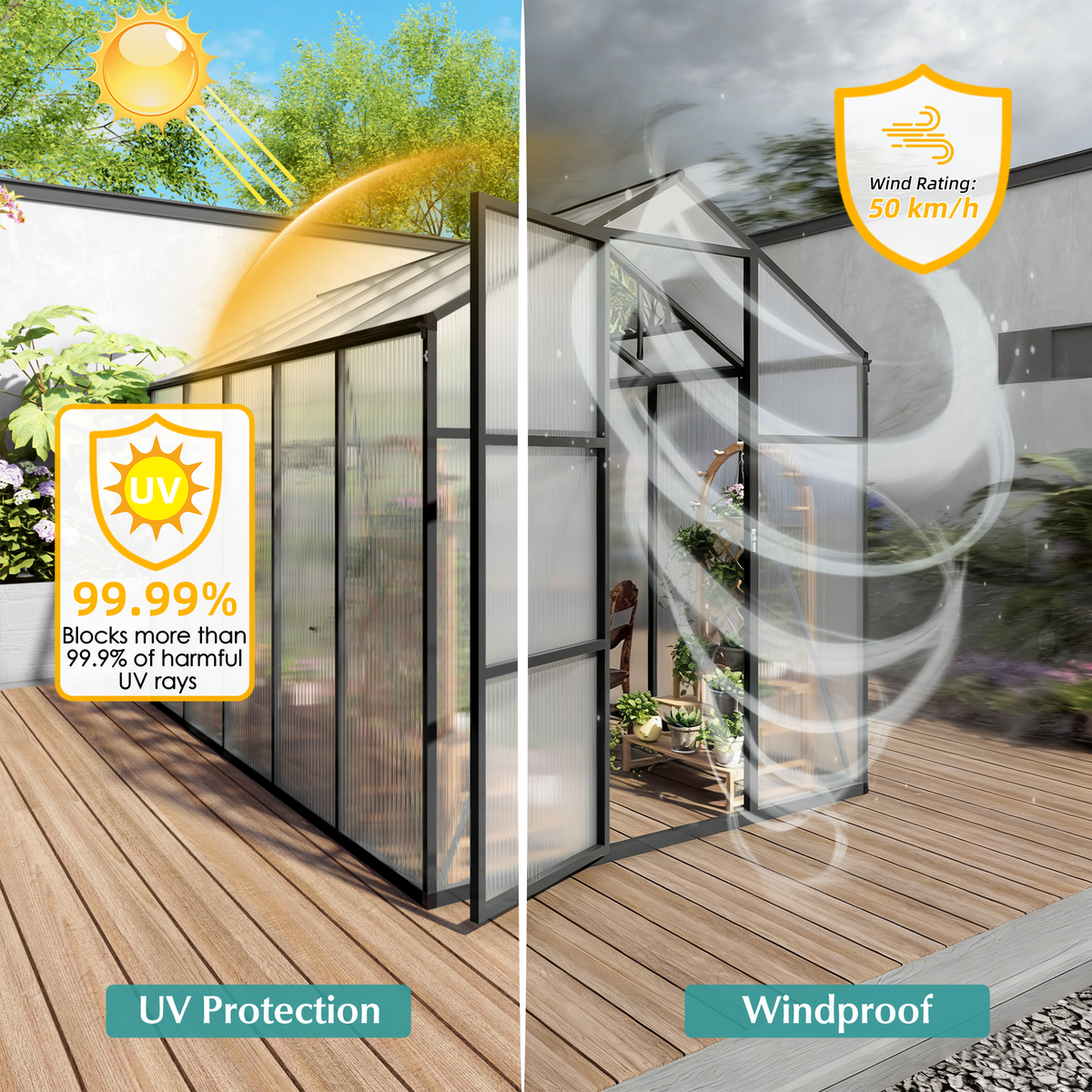 6ft x 10ft Walk‑In Polycarbonate Greenhouse — Sturdy Aluminum Frame Lockable Door Adjustable Vents & UV Protection Black