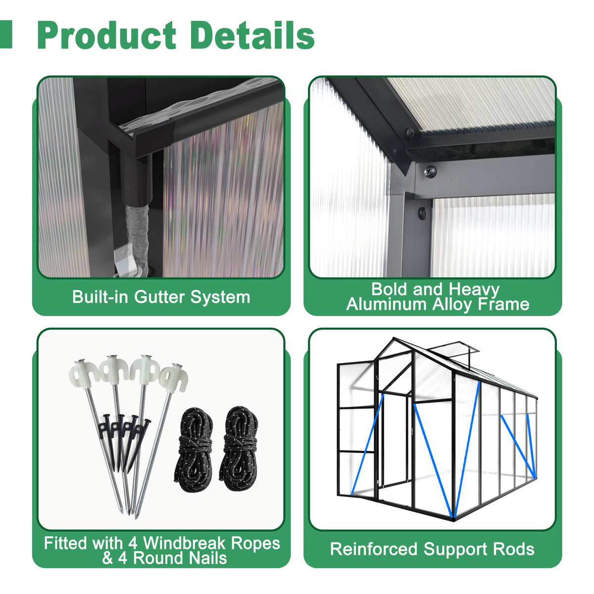 6ft x 10ft Walk‑In Polycarbonate Greenhouse — Sturdy Aluminum Frame Lockable Door Adjustable Vents & UV Protection Black