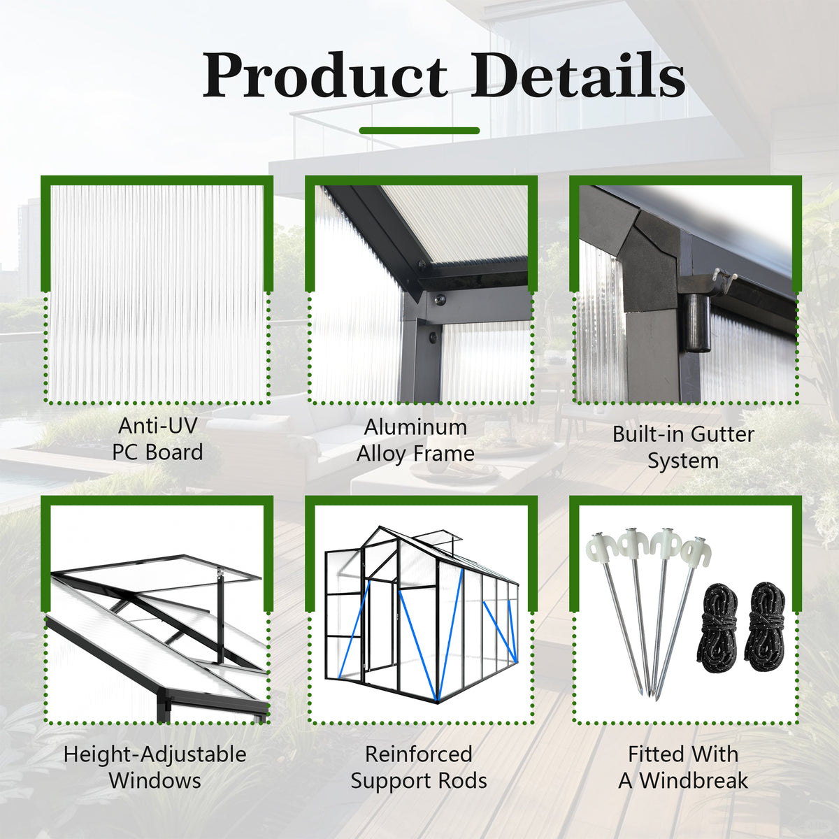 6ft x 10ft Walk‑In Polycarbonate Greenhouse — Sturdy Aluminum Frame Lockable Door Adjustable Vents & UV Protection Black