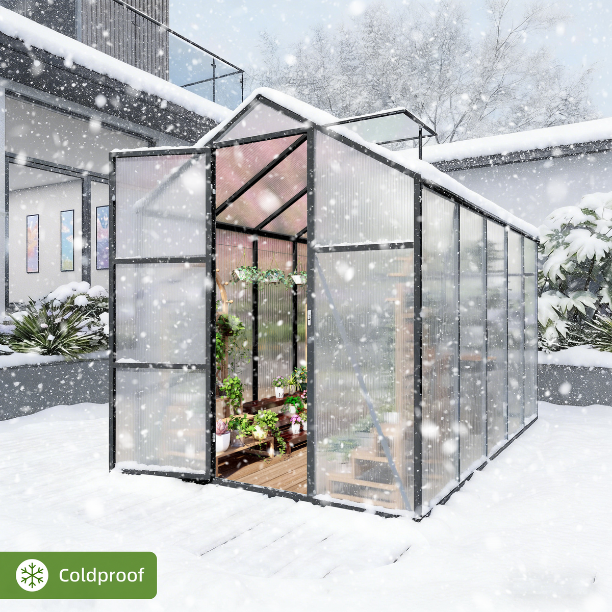 6ft x 10ft Walk‑In Polycarbonate Greenhouse — Sturdy Aluminum Frame Lockable Door Adjustable Vents & UV Protection Black