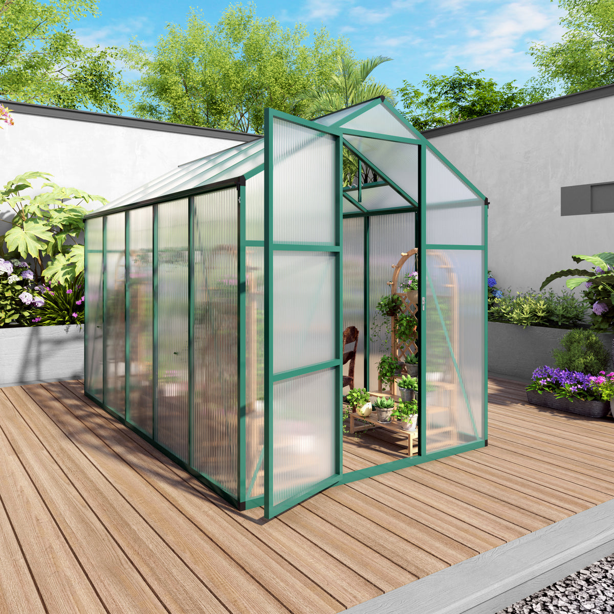 6ft x 10ft Heavy‑Duty Aluminum Walk‑In Greenhouse — Raised Base Polycarbonate Panels & Drainage System Green