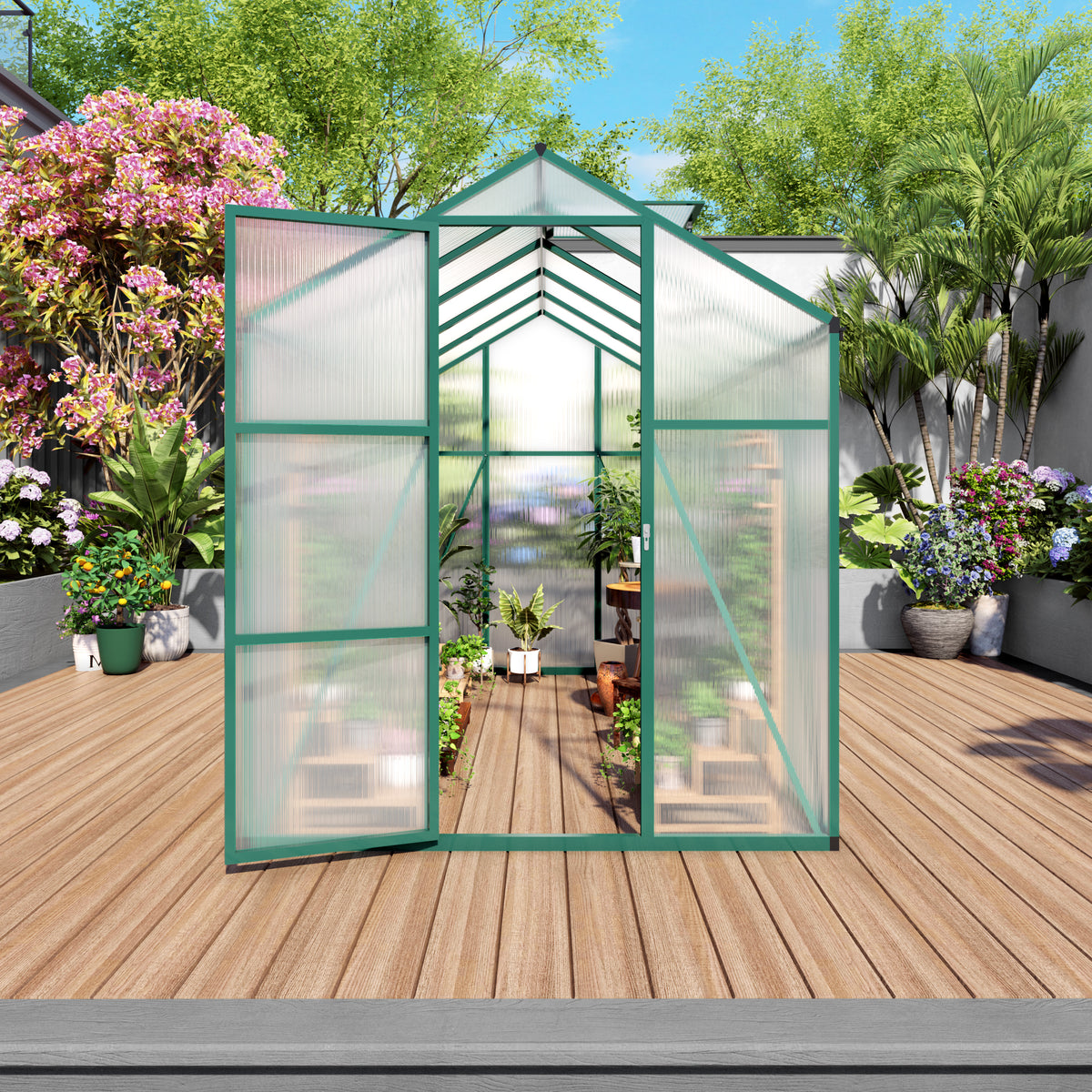 6ft x 10ft Heavy‑Duty Aluminum Walk‑In Greenhouse — Raised Base Polycarbonate Panels & Drainage System Green