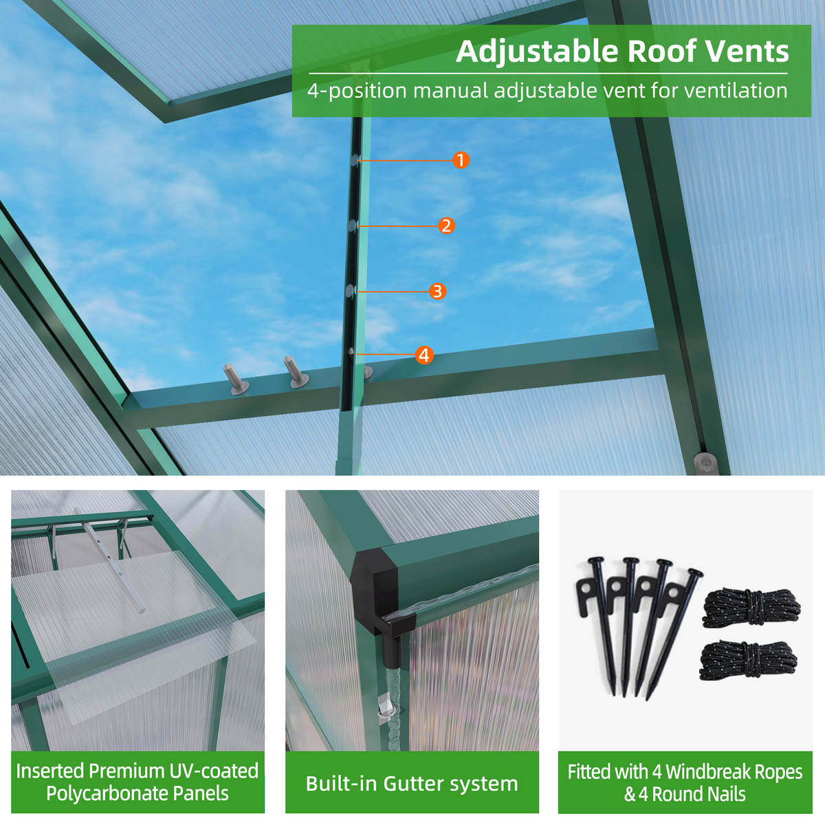 6ft x 10ft Heavy‑Duty Aluminum Walk‑In Greenhouse — Raised Base Polycarbonate Panels & Drainage System Green