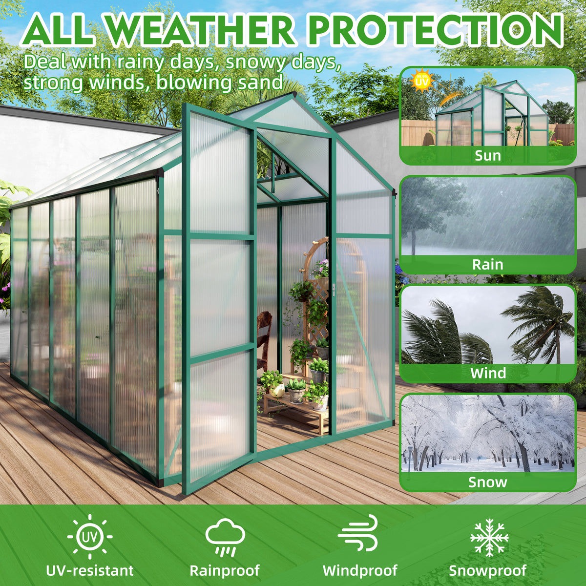 6ft x 10ft Heavy‑Duty Aluminum Walk‑In Greenhouse — Raised Base Polycarbonate Panels & Drainage System Green
