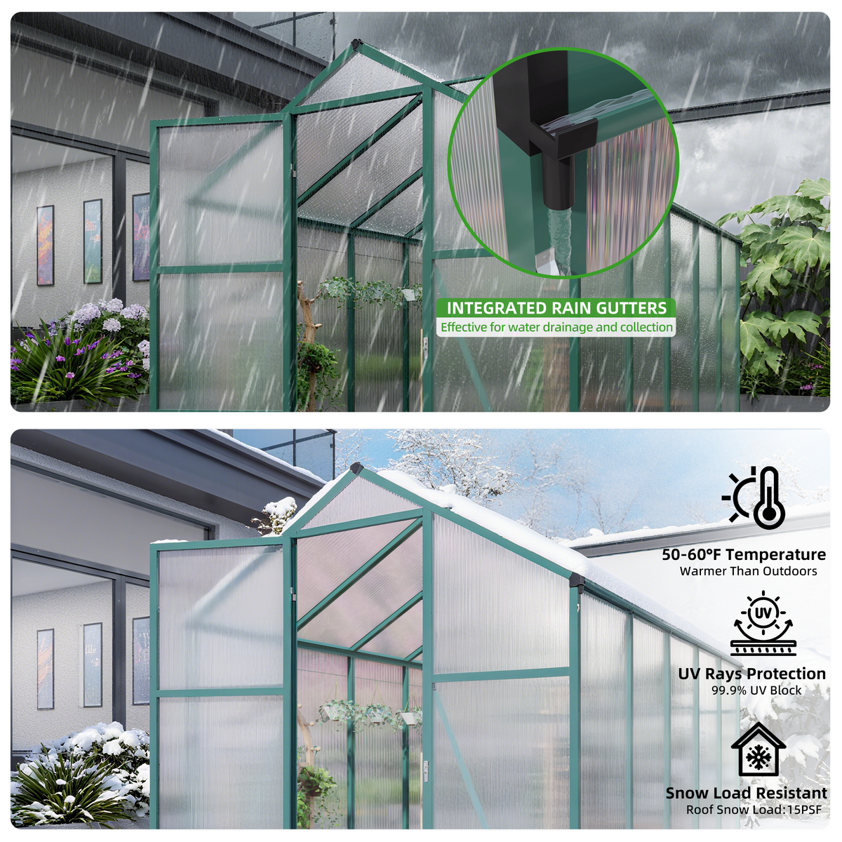 6ft x 10ft Heavy‑Duty Aluminum Walk‑In Greenhouse — Raised Base Polycarbonate Panels & Drainage System Green