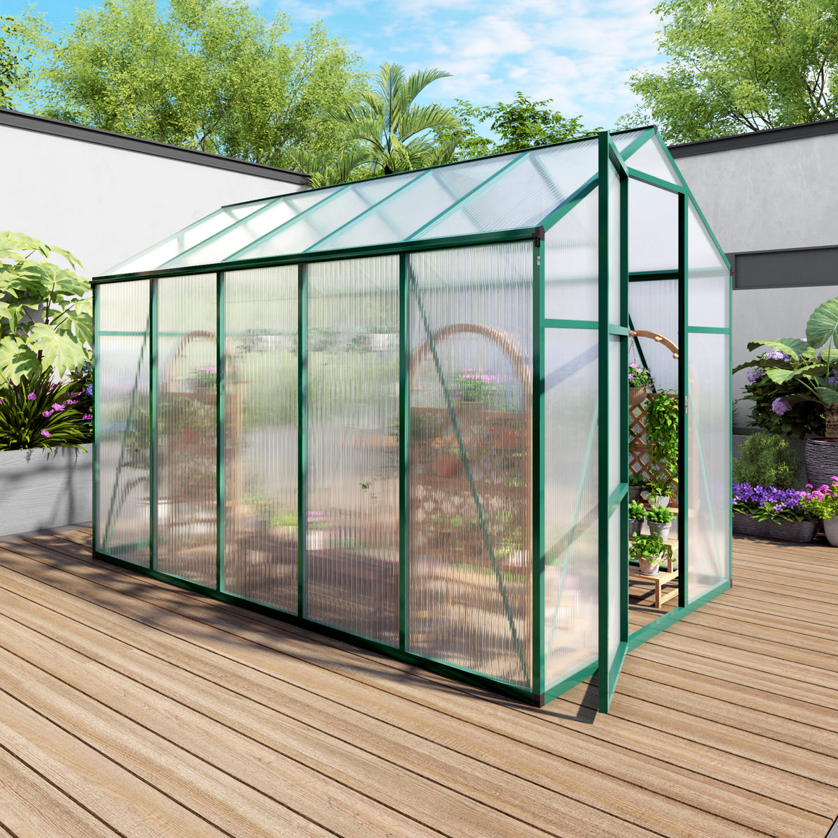 6ft x 10ft Heavy‑Duty Aluminum Walk‑In Greenhouse — Raised Base Polycarbonate Panels & Drainage System Green