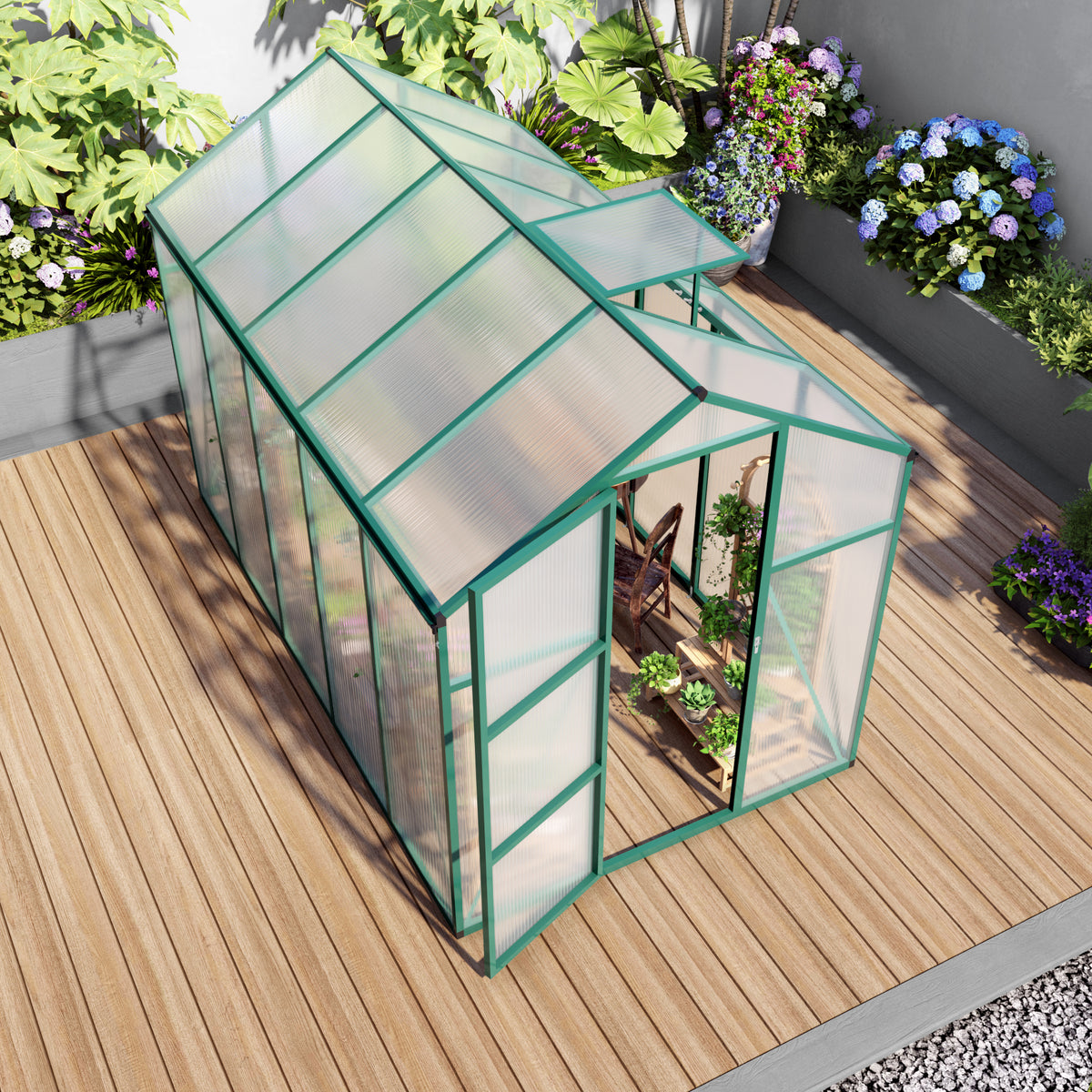 6ft x 10ft Heavy‑Duty Aluminum Walk‑In Greenhouse — Raised Base Polycarbonate Panels & Drainage System Green