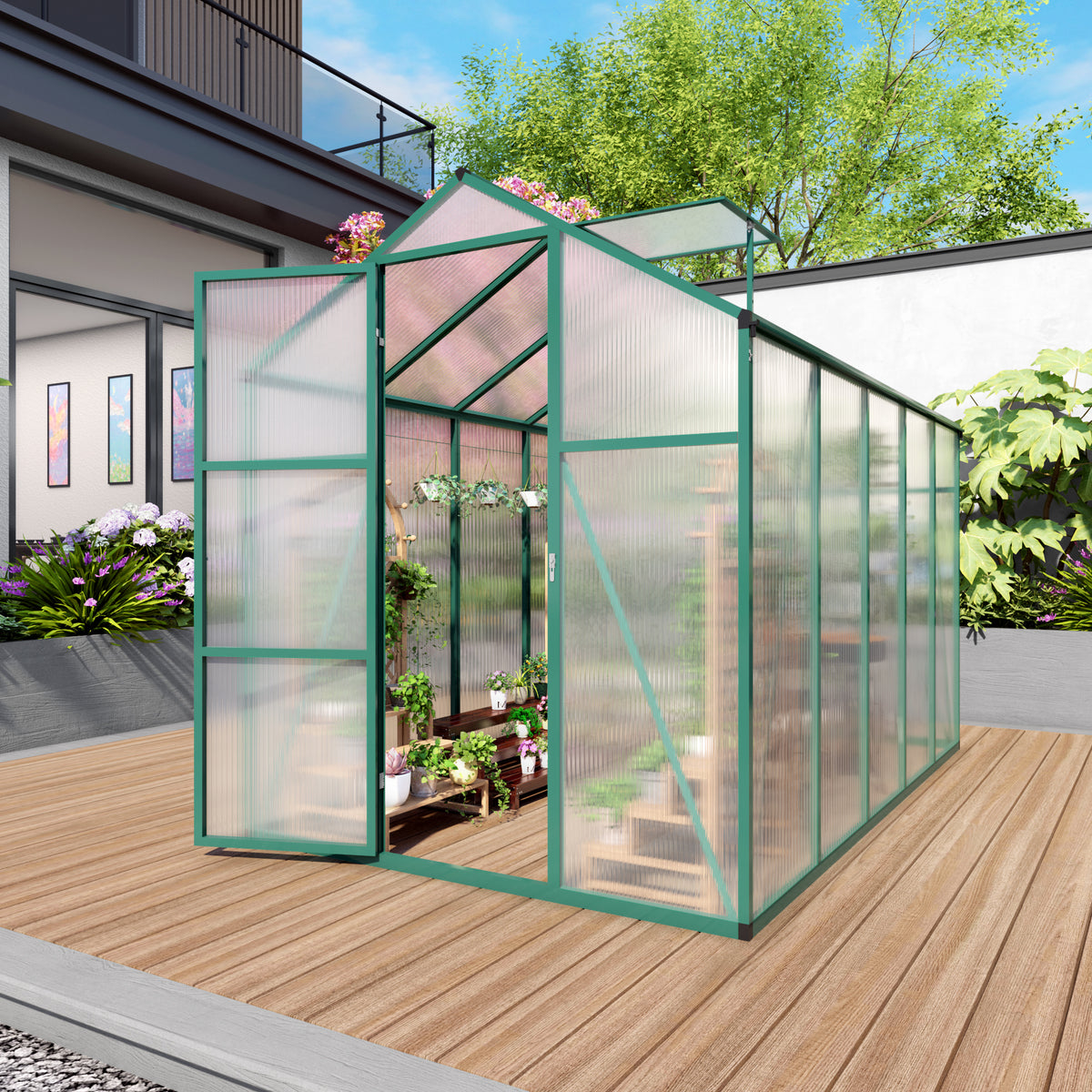 6ft x 10ft Heavy‑Duty Aluminum Walk‑In Greenhouse — Raised Base Polycarbonate Panels & Drainage System Green