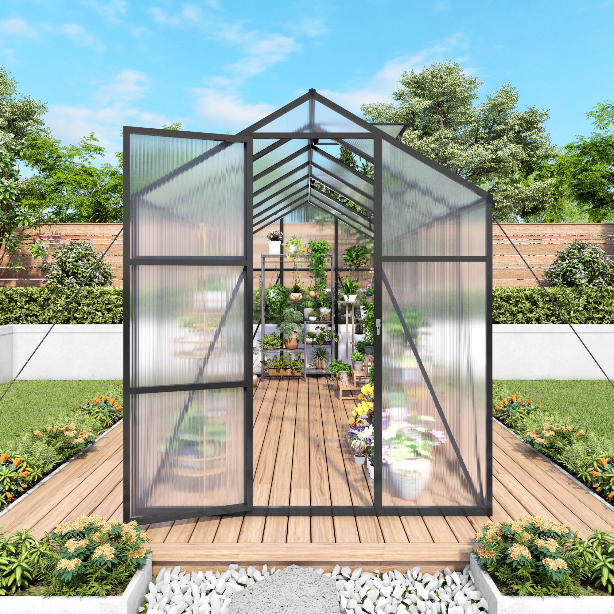 6ft x 14ft Walk‑In Polycarbonate Greenhouse — Sturdy Aluminum Frame Lockable Door Adjustable Vents & UV Protection Black