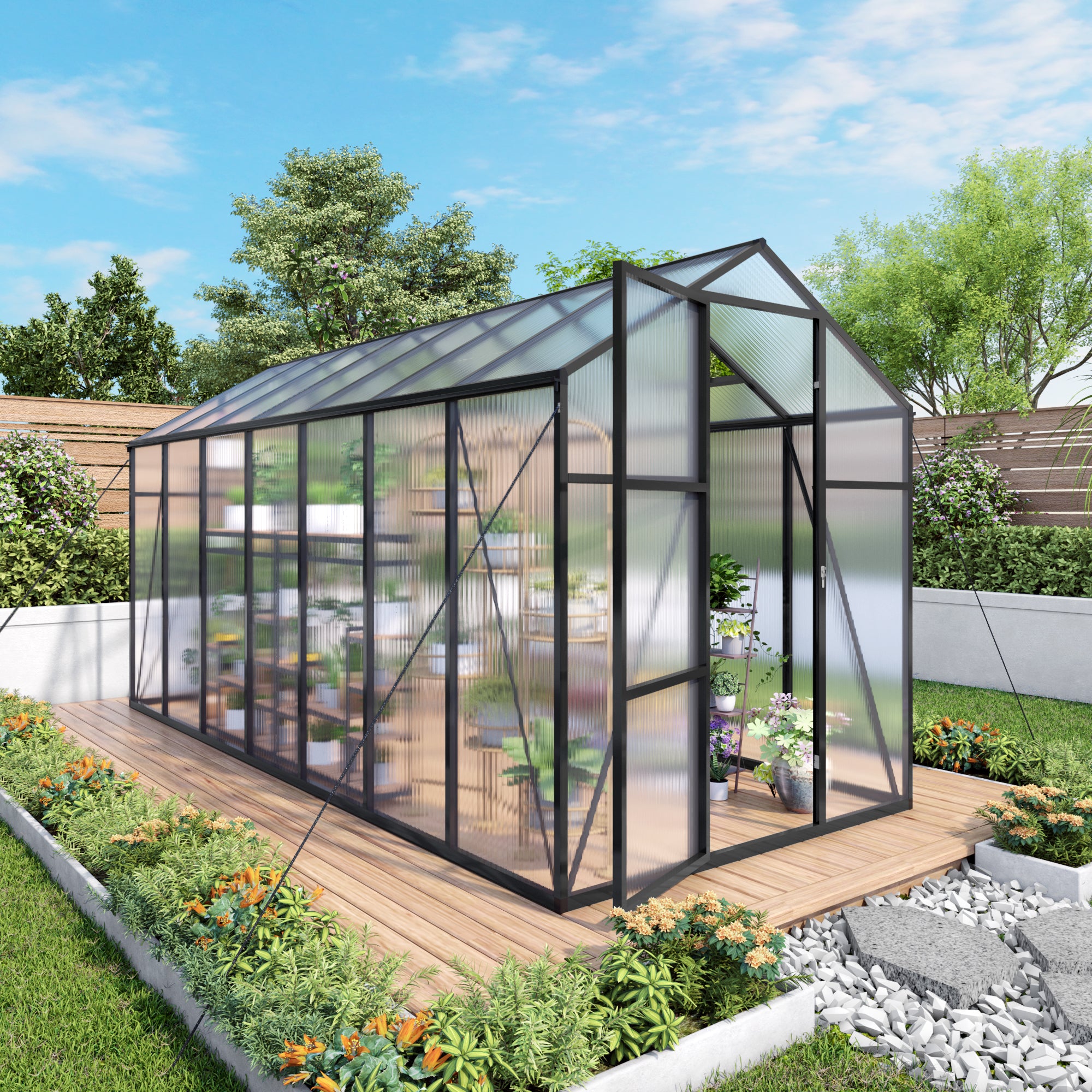 6ft x 14ft Walk‑In Polycarbonate Greenhouse — Sturdy Aluminum Frame Lockable Door Adjustable Vents & UV Protection Black