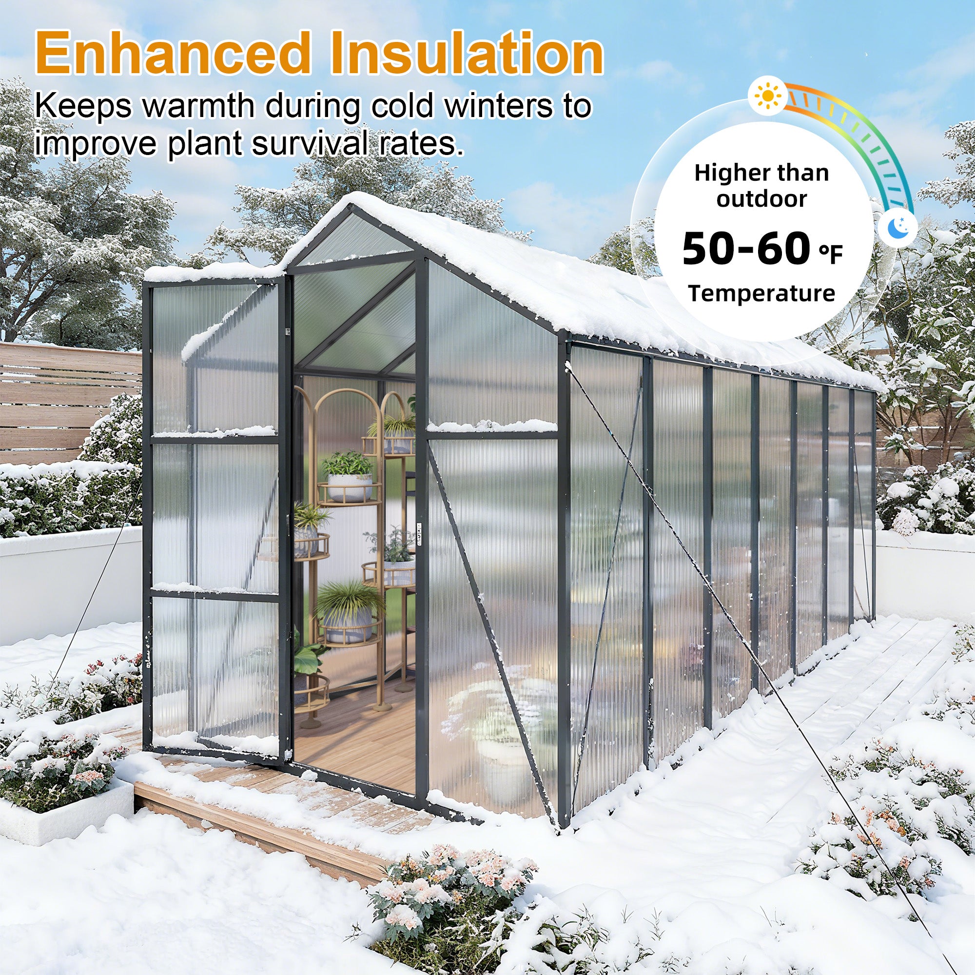 6ft x 14ft Walk‑In Polycarbonate Greenhouse — Sturdy Aluminum Frame Lockable Door Adjustable Vents & UV Protection Black